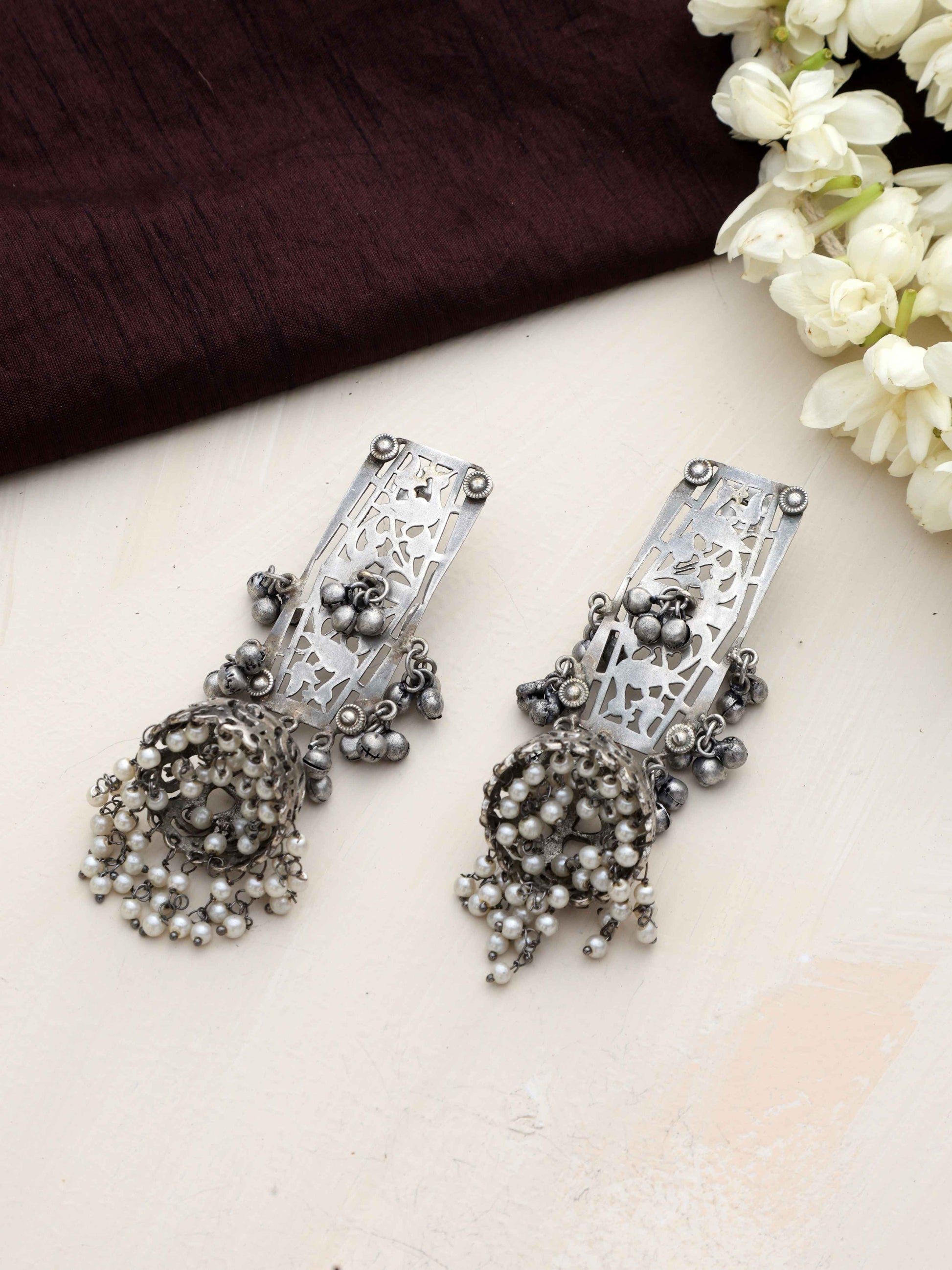 trueBrowns Silver Tone Floral Jhumka Earrings - Swadesiicart