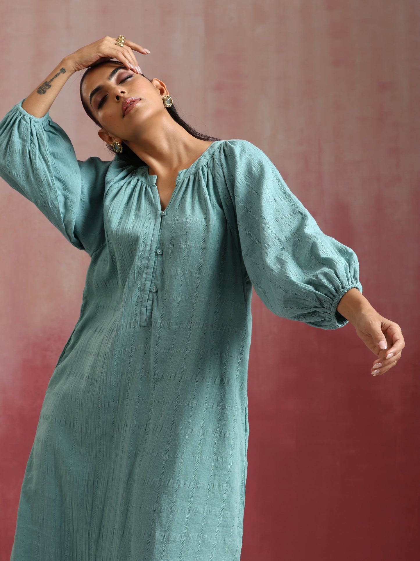 trueBrowns Aqua Blue Cotton Dobby Dress | Swadesiicart