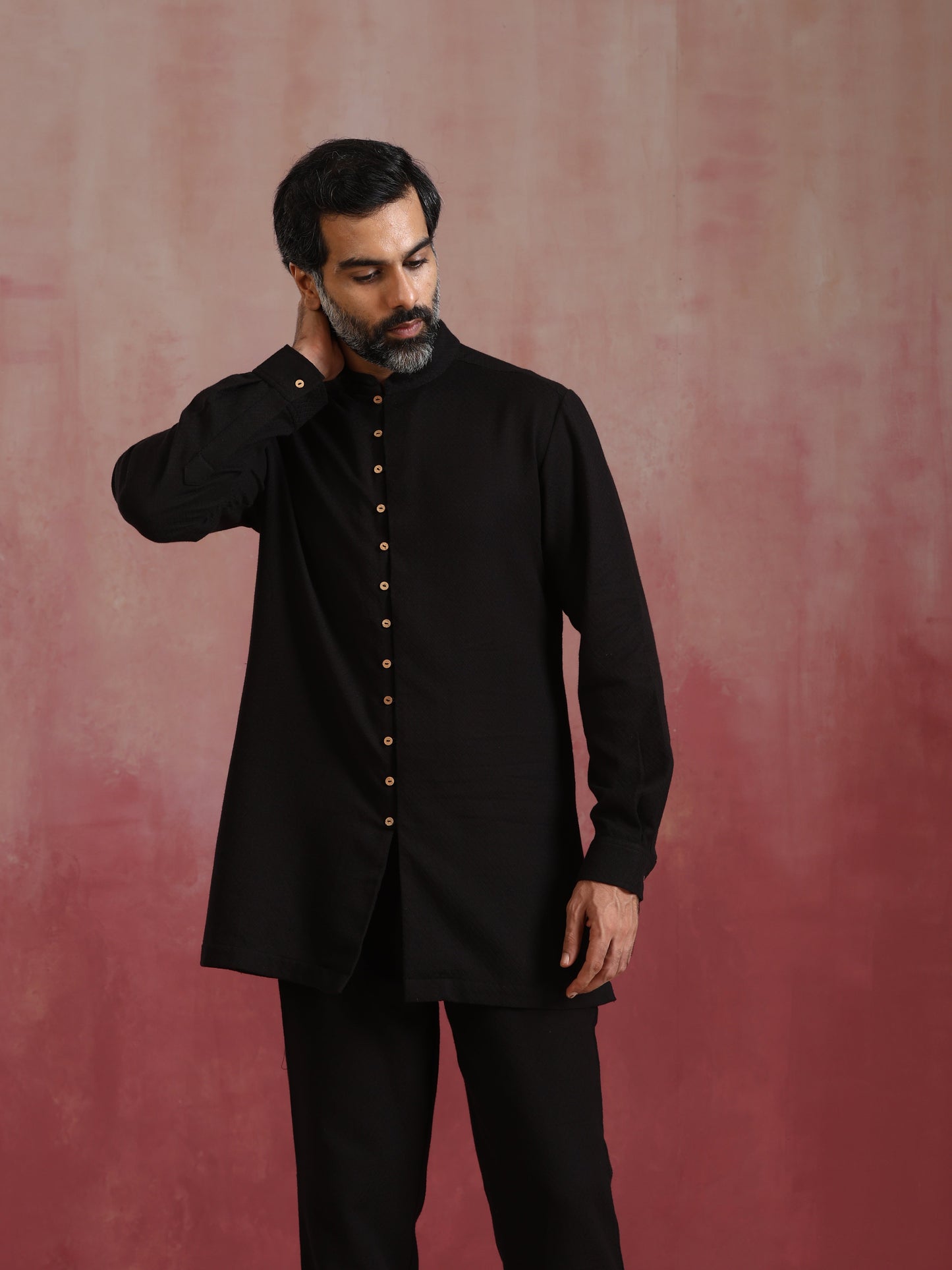 trueBrowns Men's Black Cotton Dobby Kurta Co-ord Set - Swadesiicart