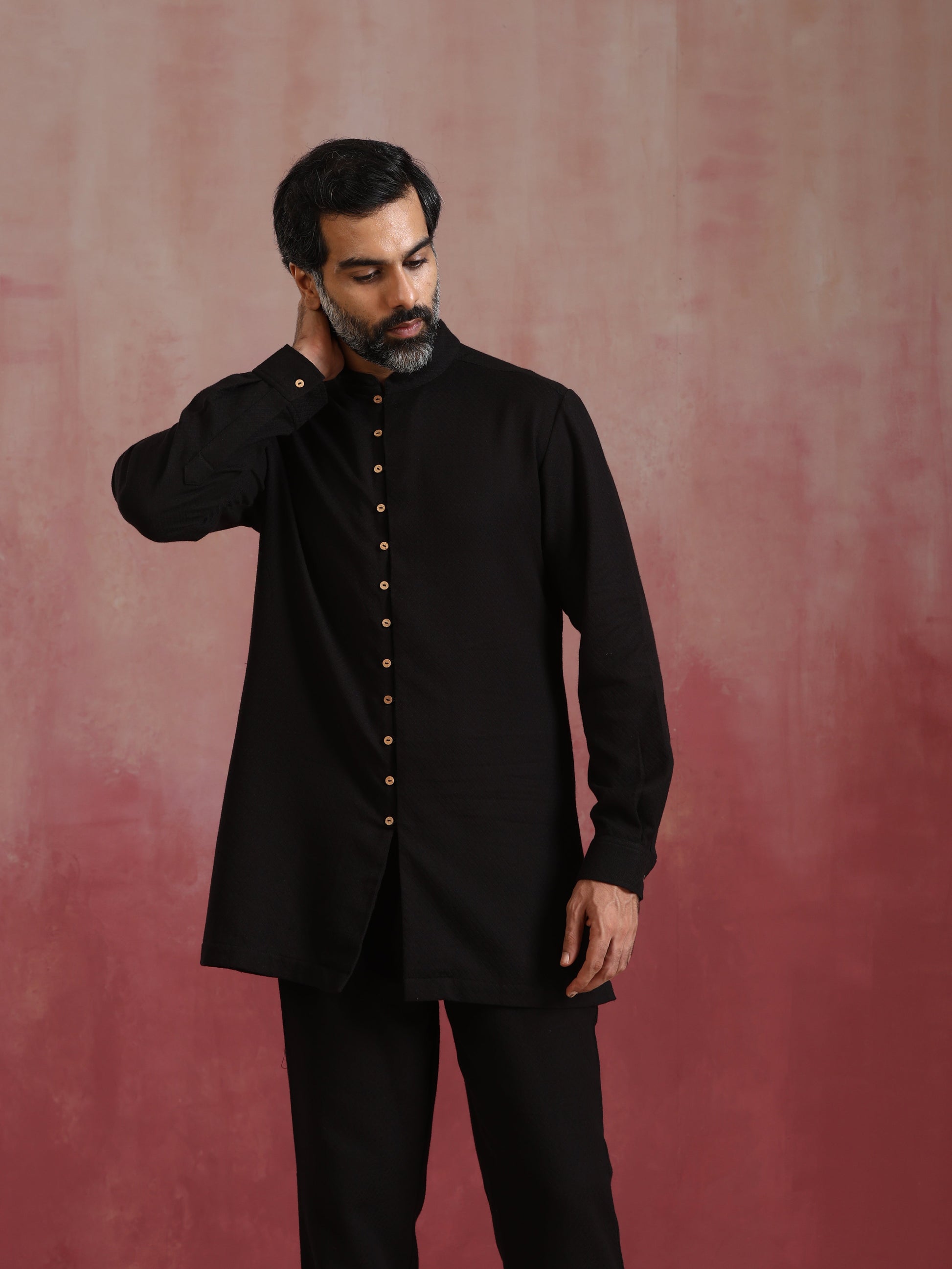 trueBrowns Men's Black Cotton Dobby Kurta Co-ord Set - Swadesiicart