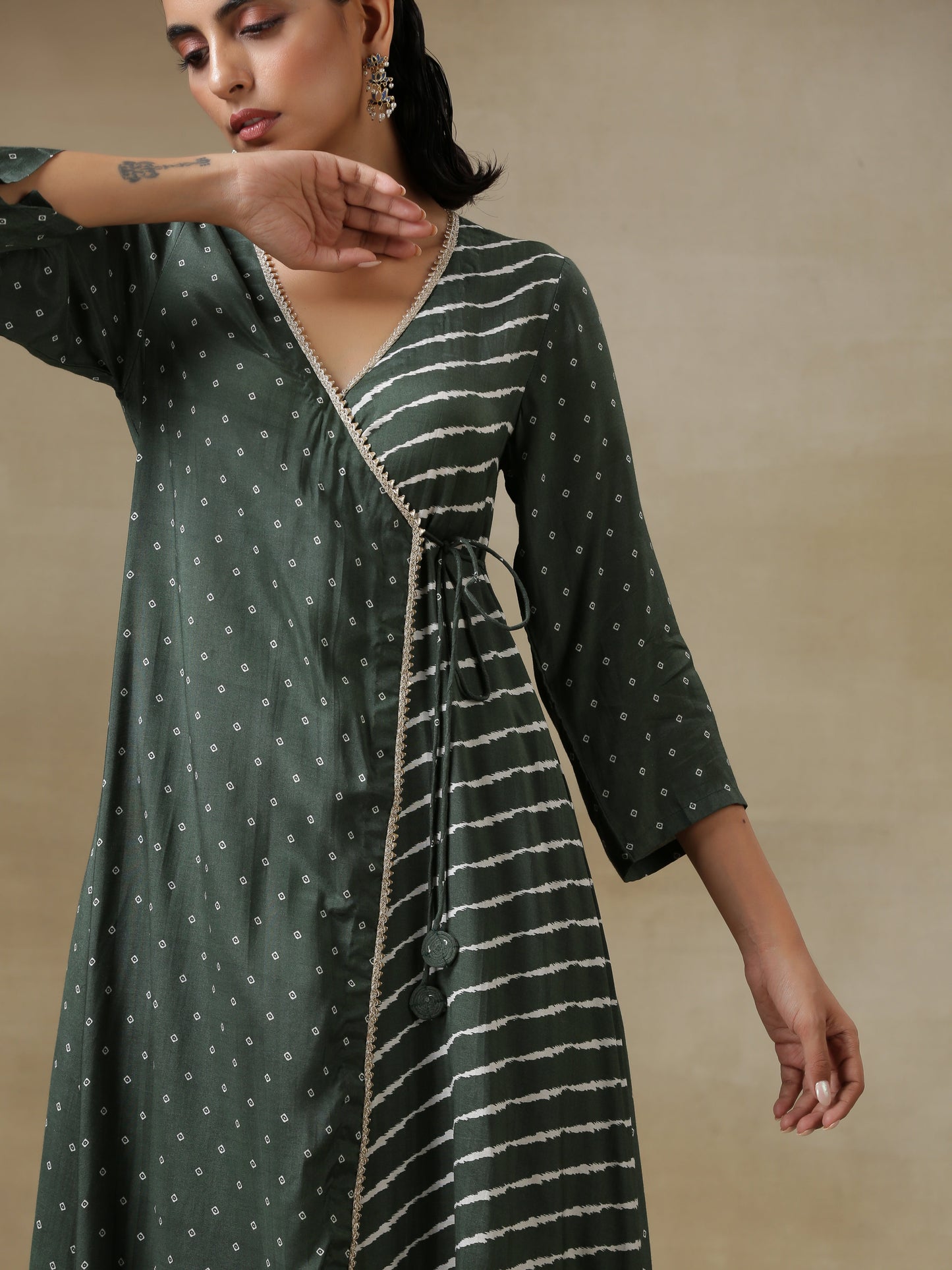 trueBrowns Dark Green Bandhani Printed Silk Angrakha Kurta Pant Set | Swadesiicart