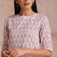trueBrowns Pink Green Floral On White Block Print Cotton Slit Kurta Pant Set | Relove | Swadesiicart