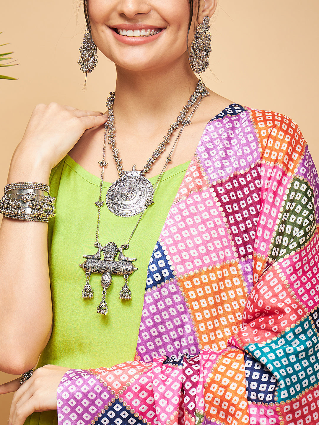 InWeave Women's Lime Green Strappy Set W Square Bandhani Print Silk Dupatta - Swadesiicart