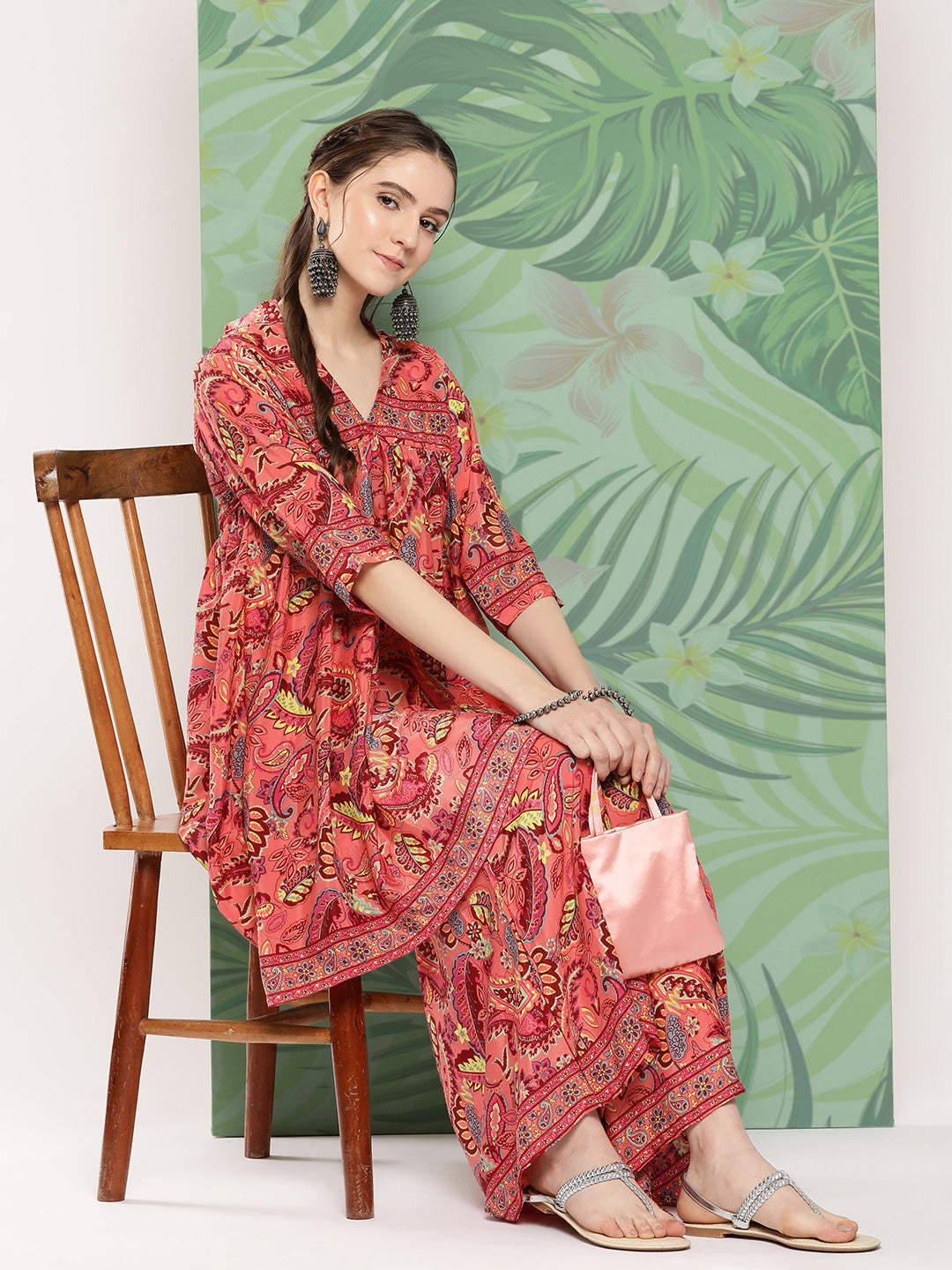 InWeave Women's Peach Camelia Printed Ethnic Kurta Set - Swadesiicart