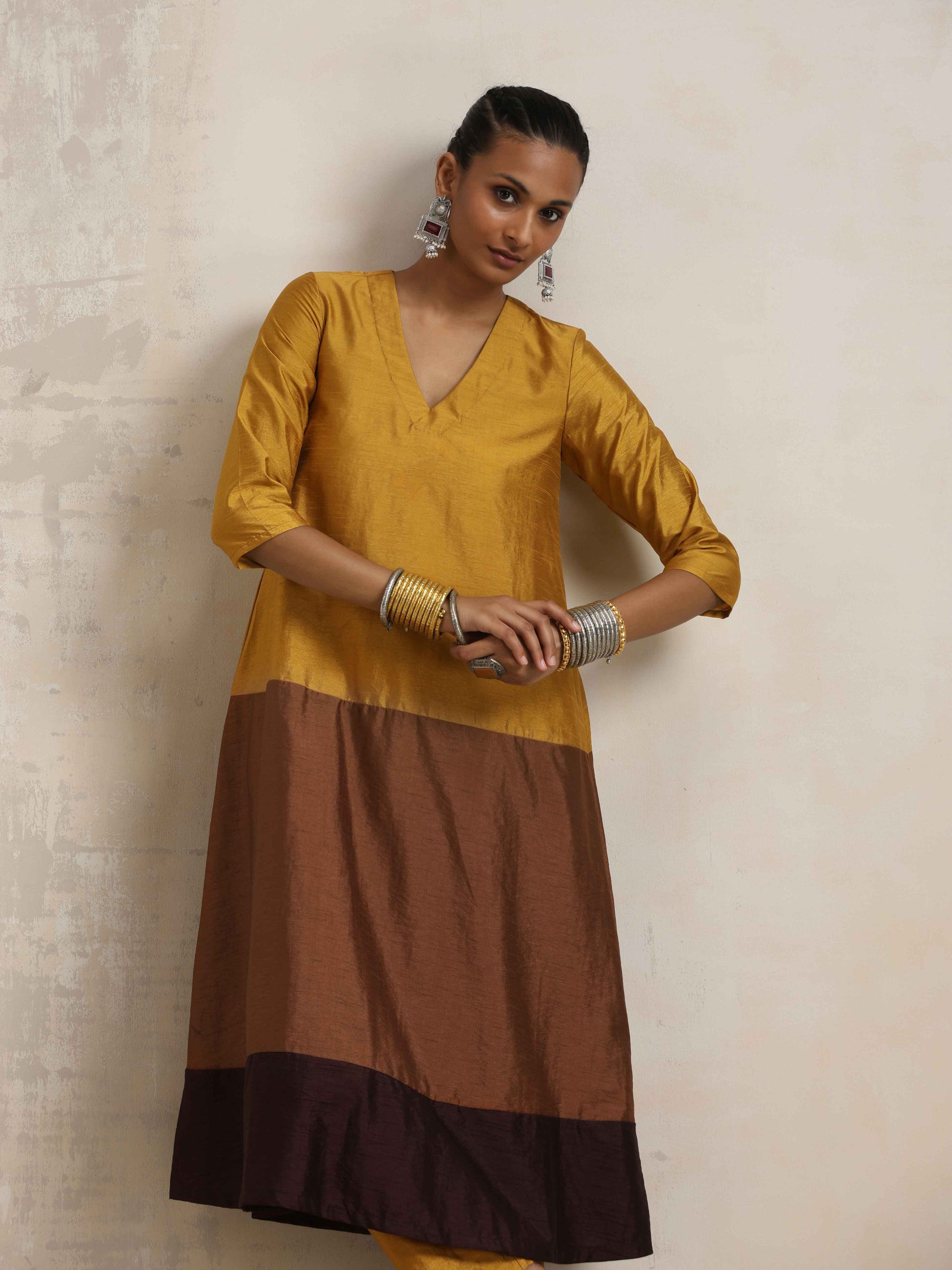 trueBrowns Gold Brown Silk A-line Kurta Set | Swadesiicart
