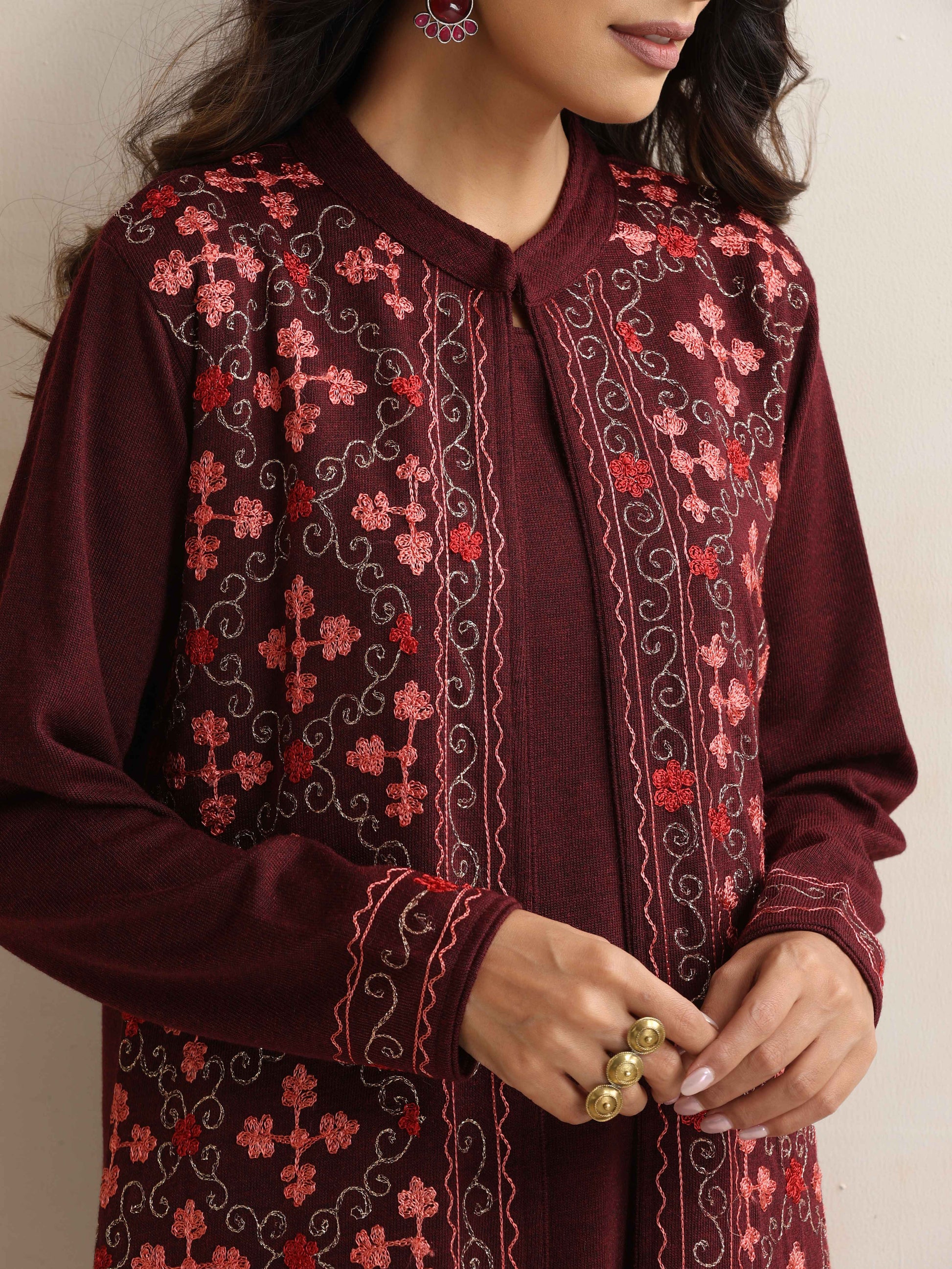 trueBrowns Purple Kashmiri Woollen Jacket 3pc Set | Swadesiicart