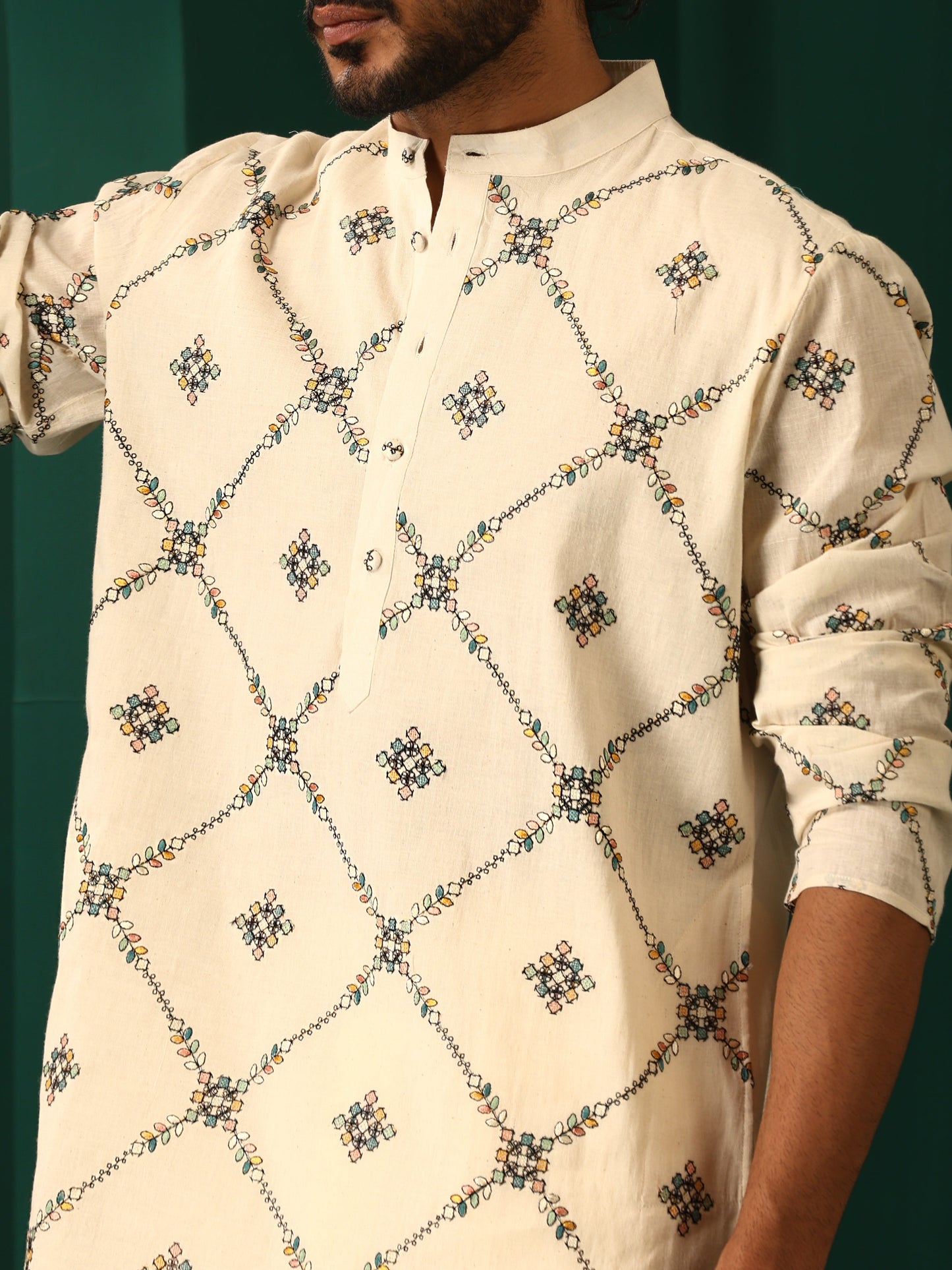trueBrowns Men's Ivory Rhombus Cotton Kurta | Swadesiicart