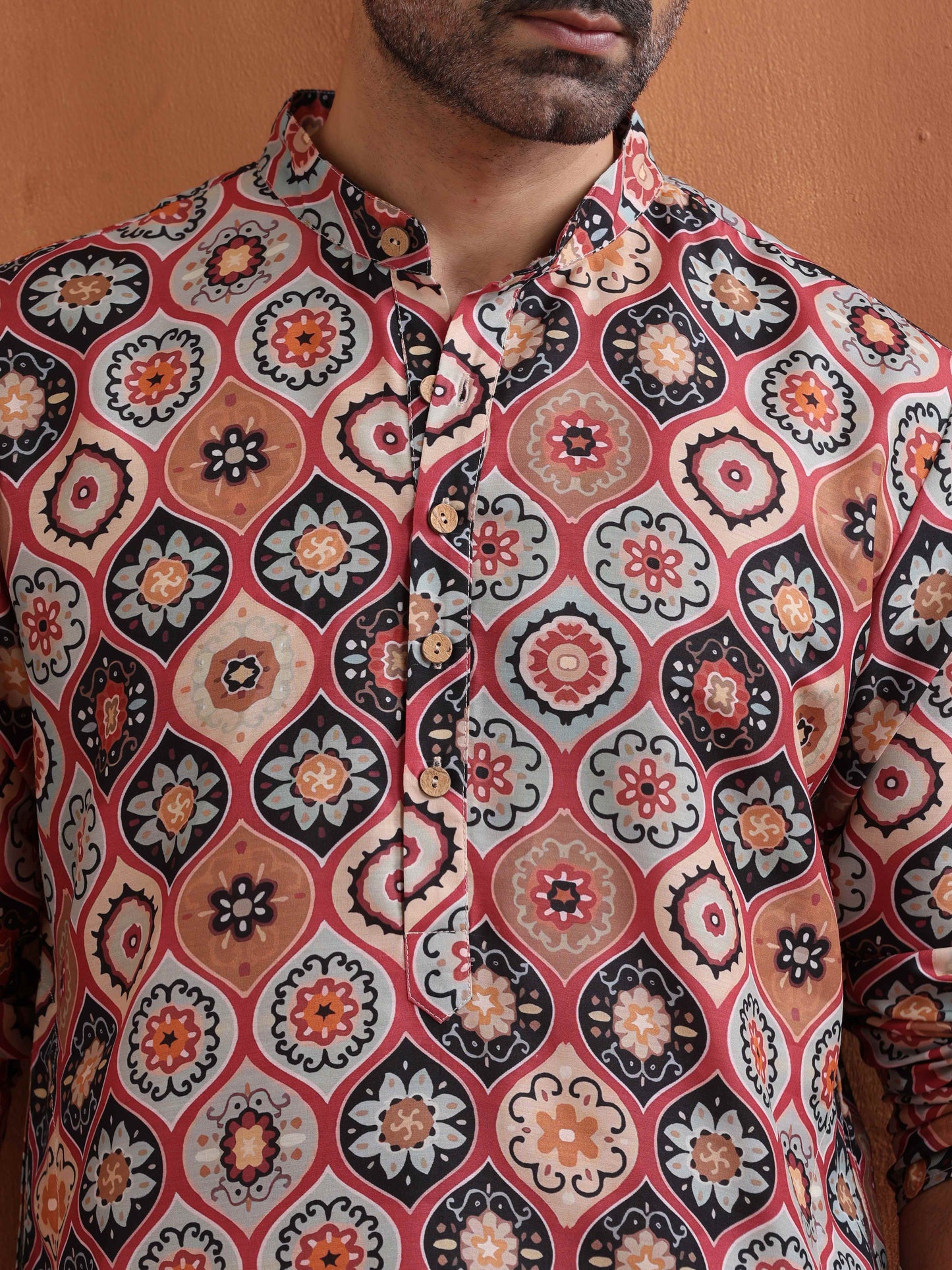 trueBrowns Men's Rust Geometric Printed Kurta | Swadesiicart