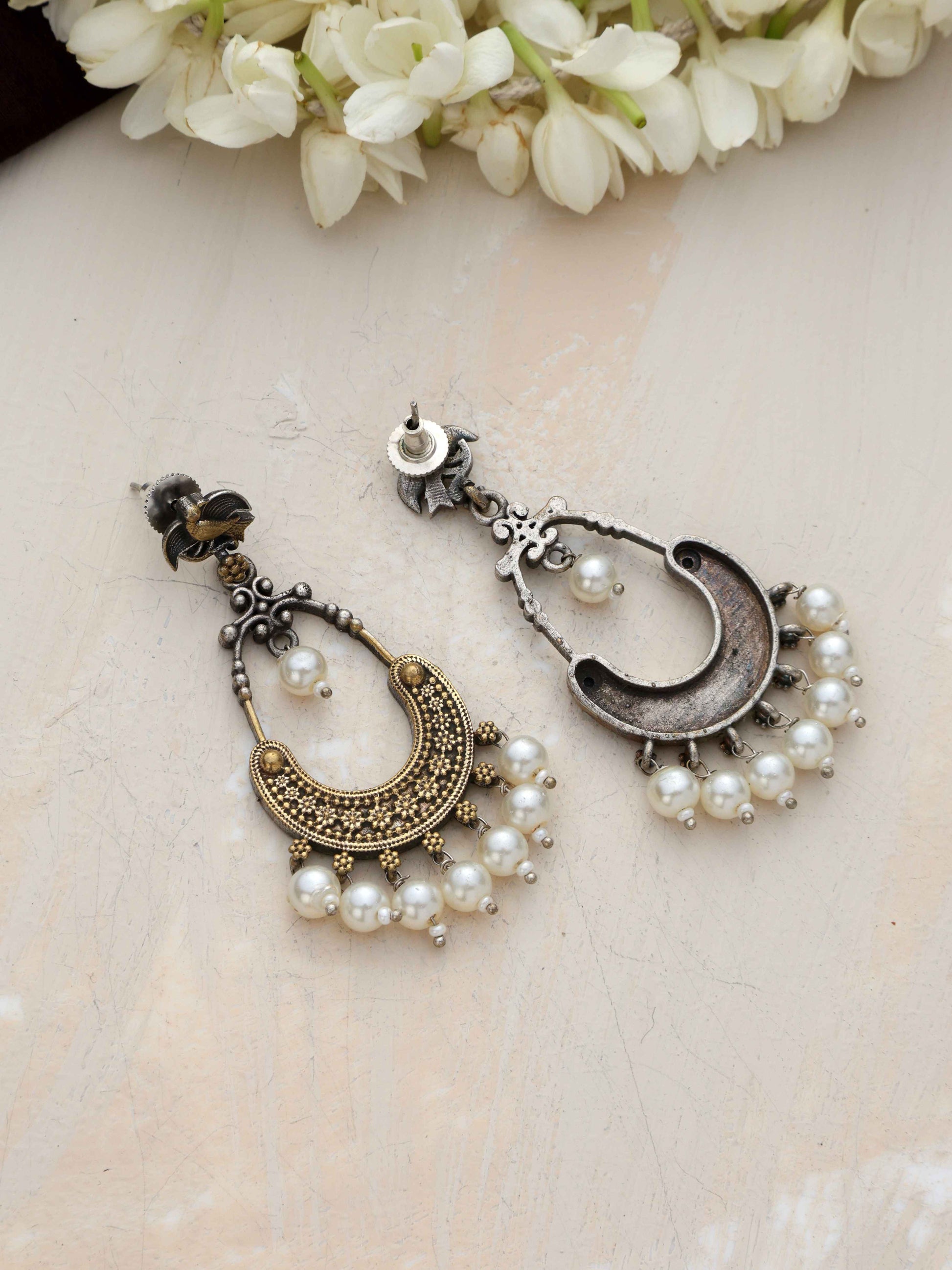 trueBrowns Silver Gold Tone Chandbaali Earrings - Swadesiicart