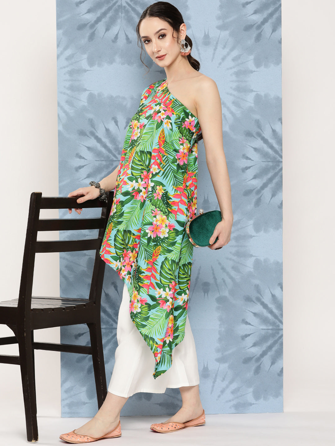 InWeave Women's Mint Green Leaf Japanese Art Oneshoulder Top - Swadesiicart