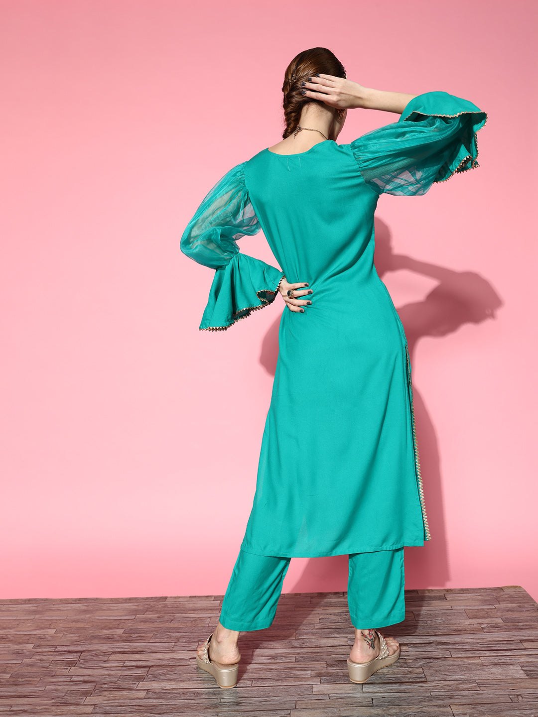 InWeave Women's Aqua Organza Sleeve Gota Work Kurta Set - Swadesiicart