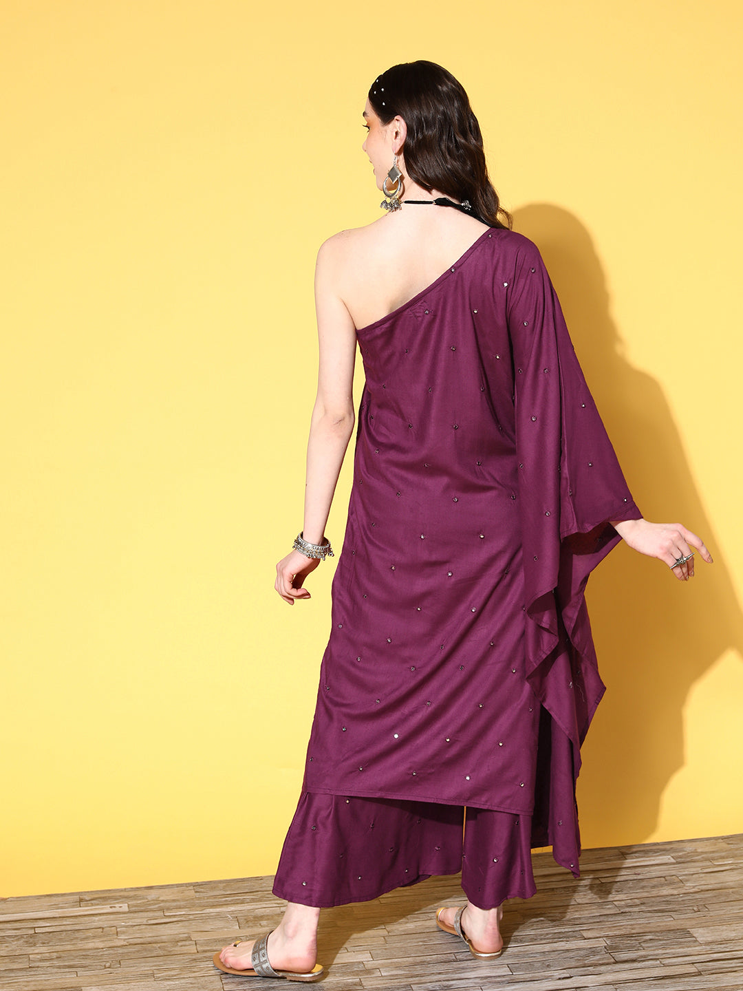 InWeave Women's Wine Mirror Work One Shoulder Kurta Set - Swadesiicart
