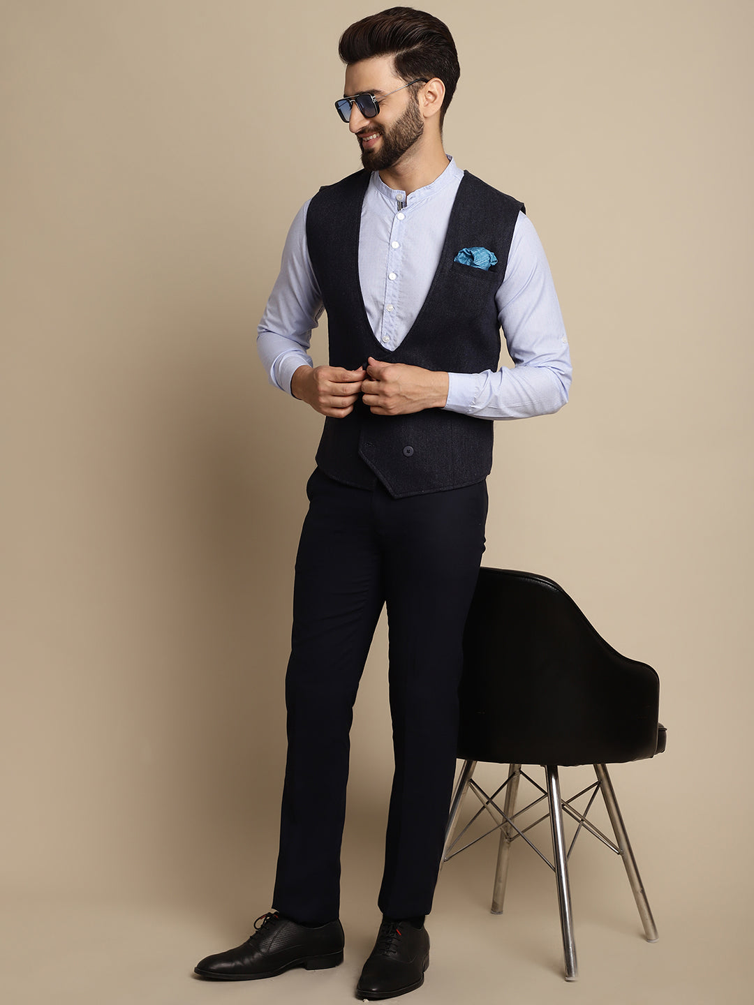 Even Apparels Men's Blue Woolen Double Breast Waistcoat | Swadesiicart