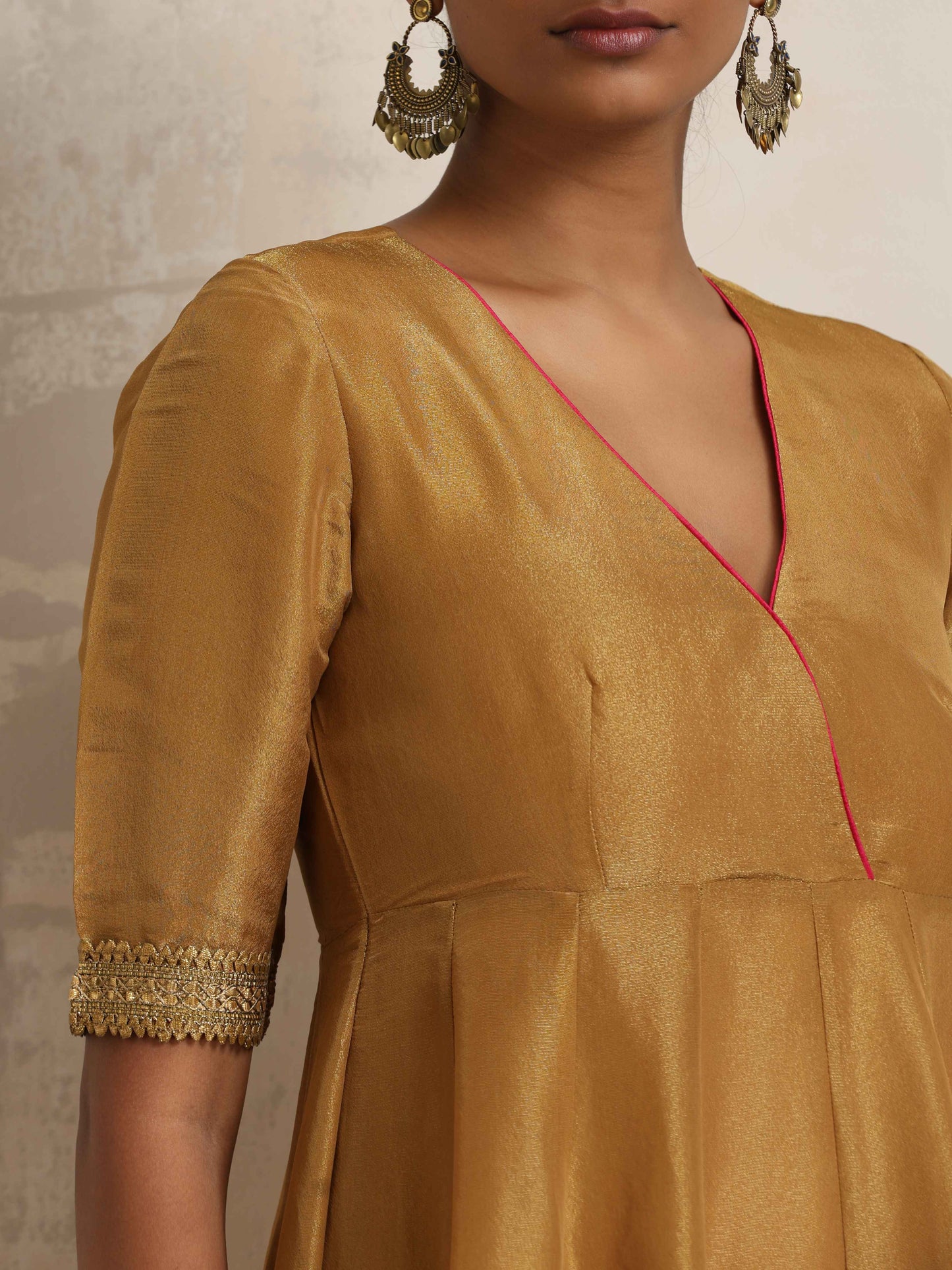 trueBrowns Gold Tissue Flared Anarkali Kurta Set | Swadesiicart