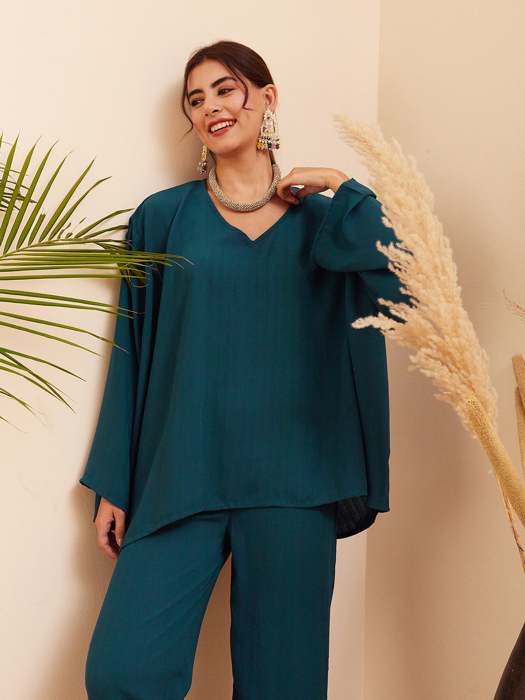 InWeave Women's Dark Ocean Full Sleeve Boho Top Bottom Set - Swadesiicart