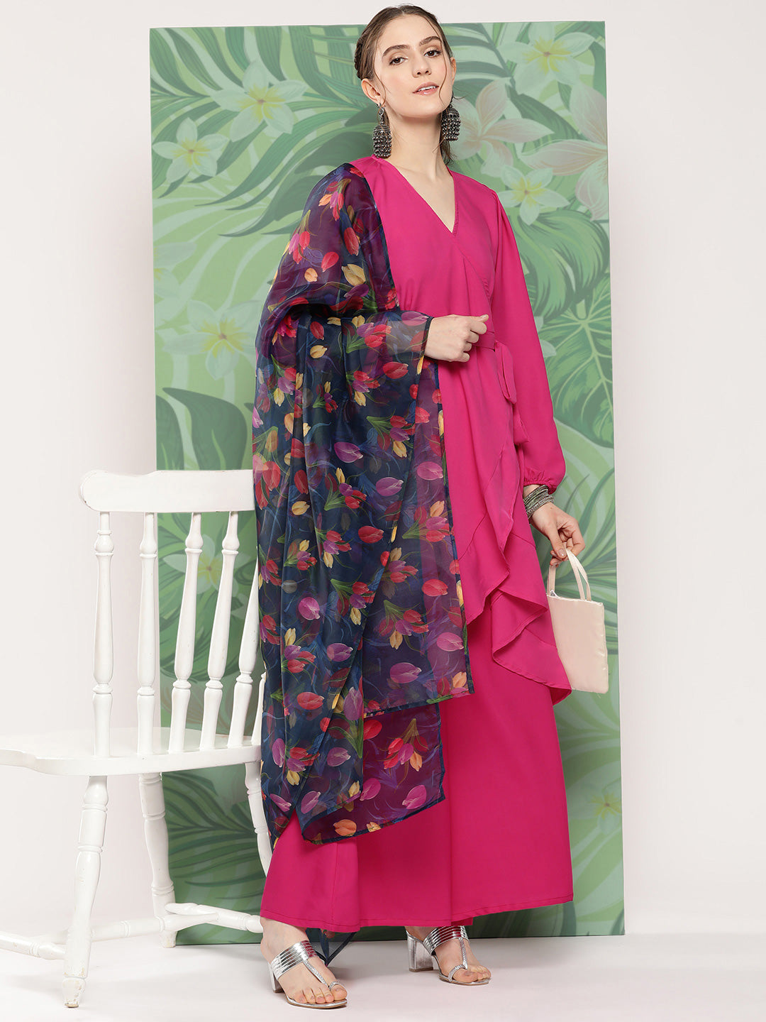 InWeave Women's Magenta Tie Up Kurta Set W Navy Pink Or Dupatta - Swadesiicart
