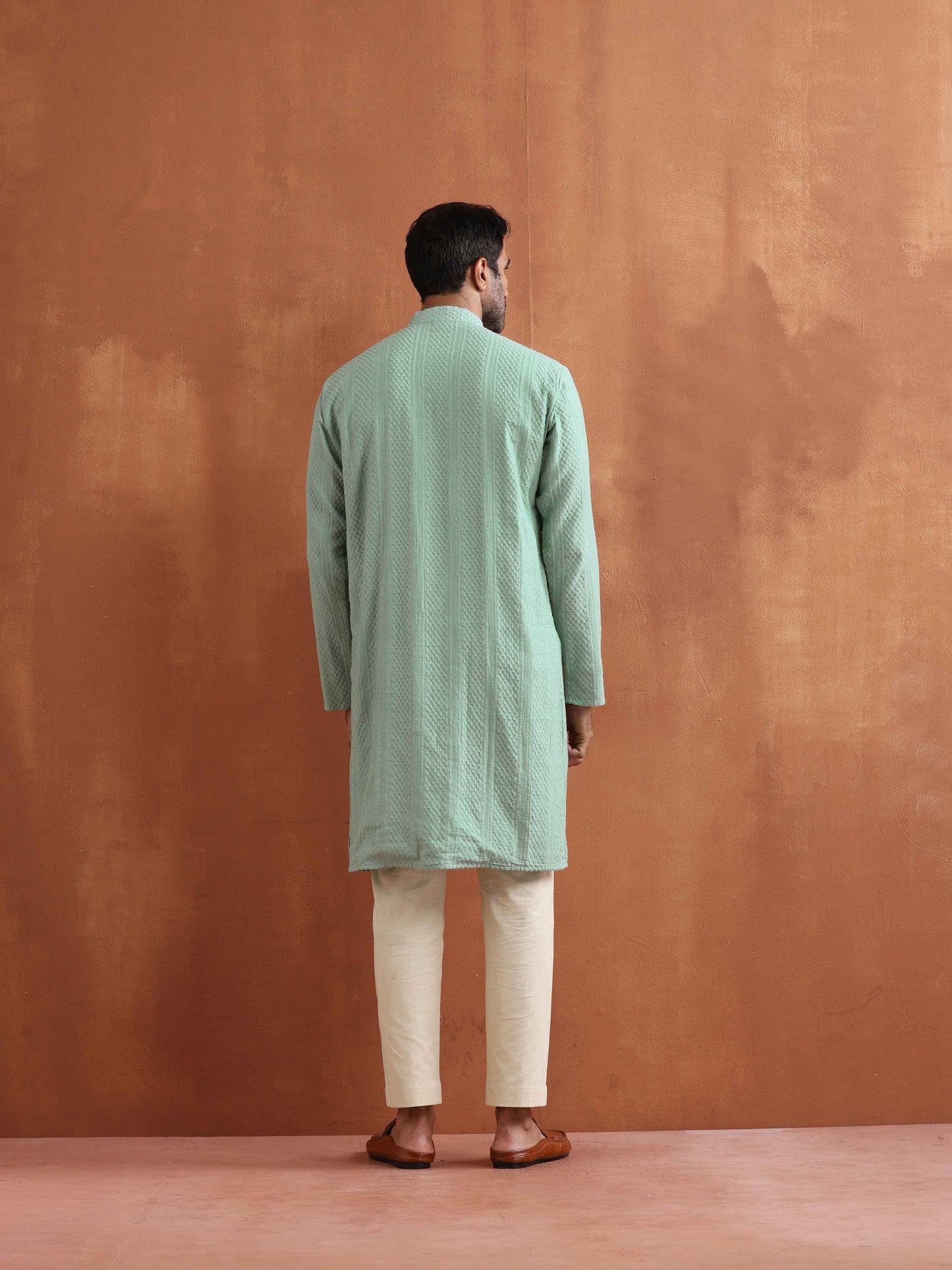 trueBrowns Men's Green Cotton Dobby Kurta | Swadesiicart