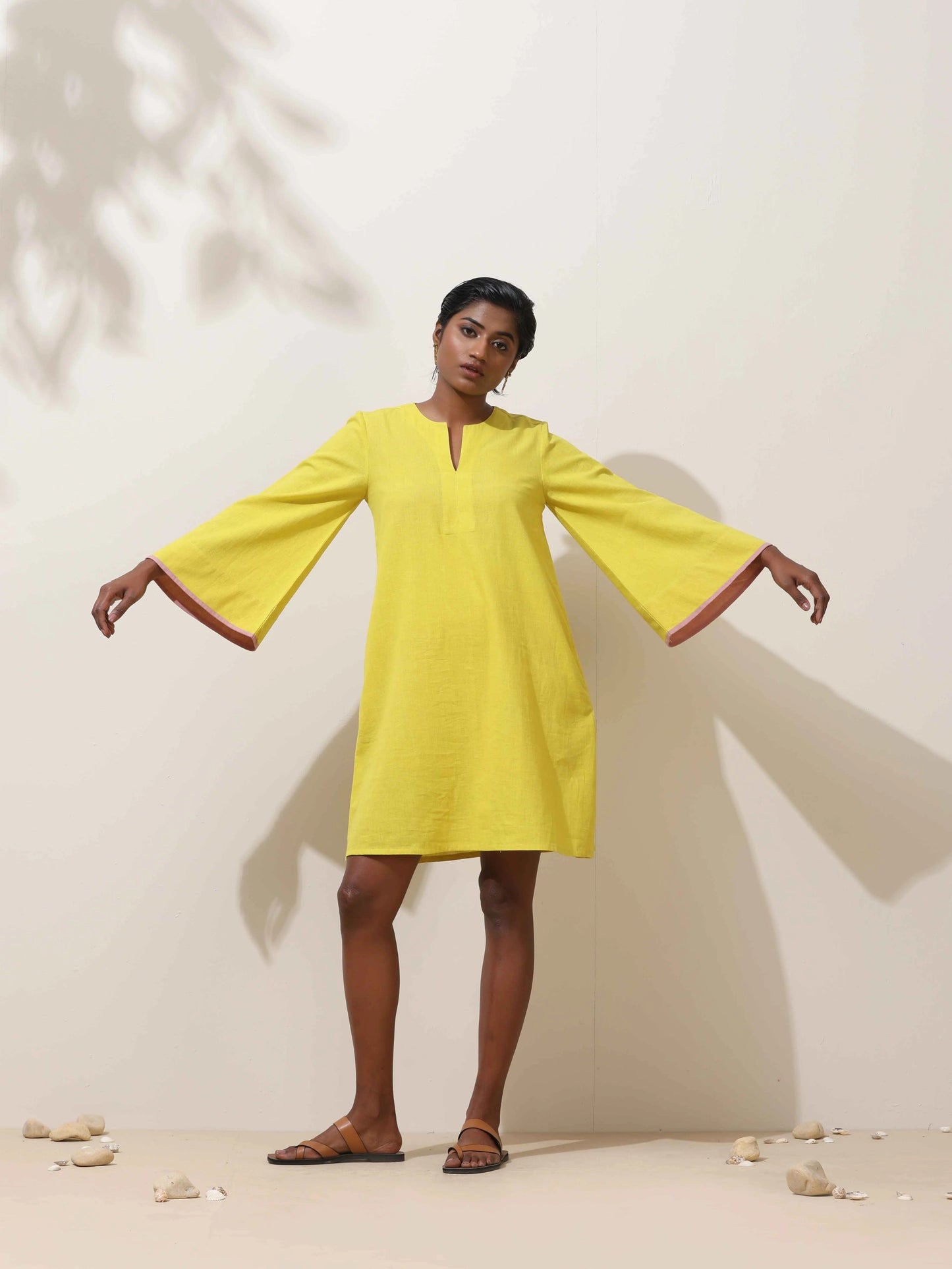 trueBrowns Lime Cotton Linen Dress | Swadesiicart