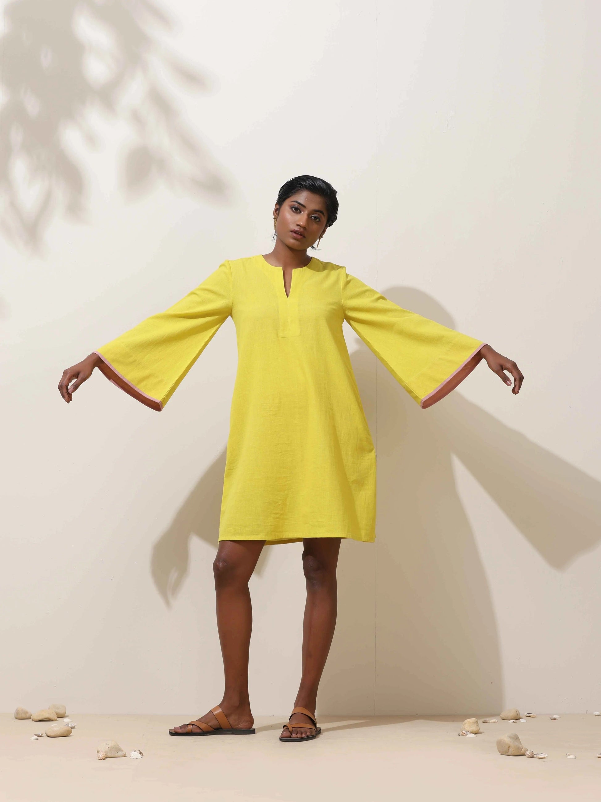 trueBrowns Lime Cotton Linen Dress | Swadesiicart