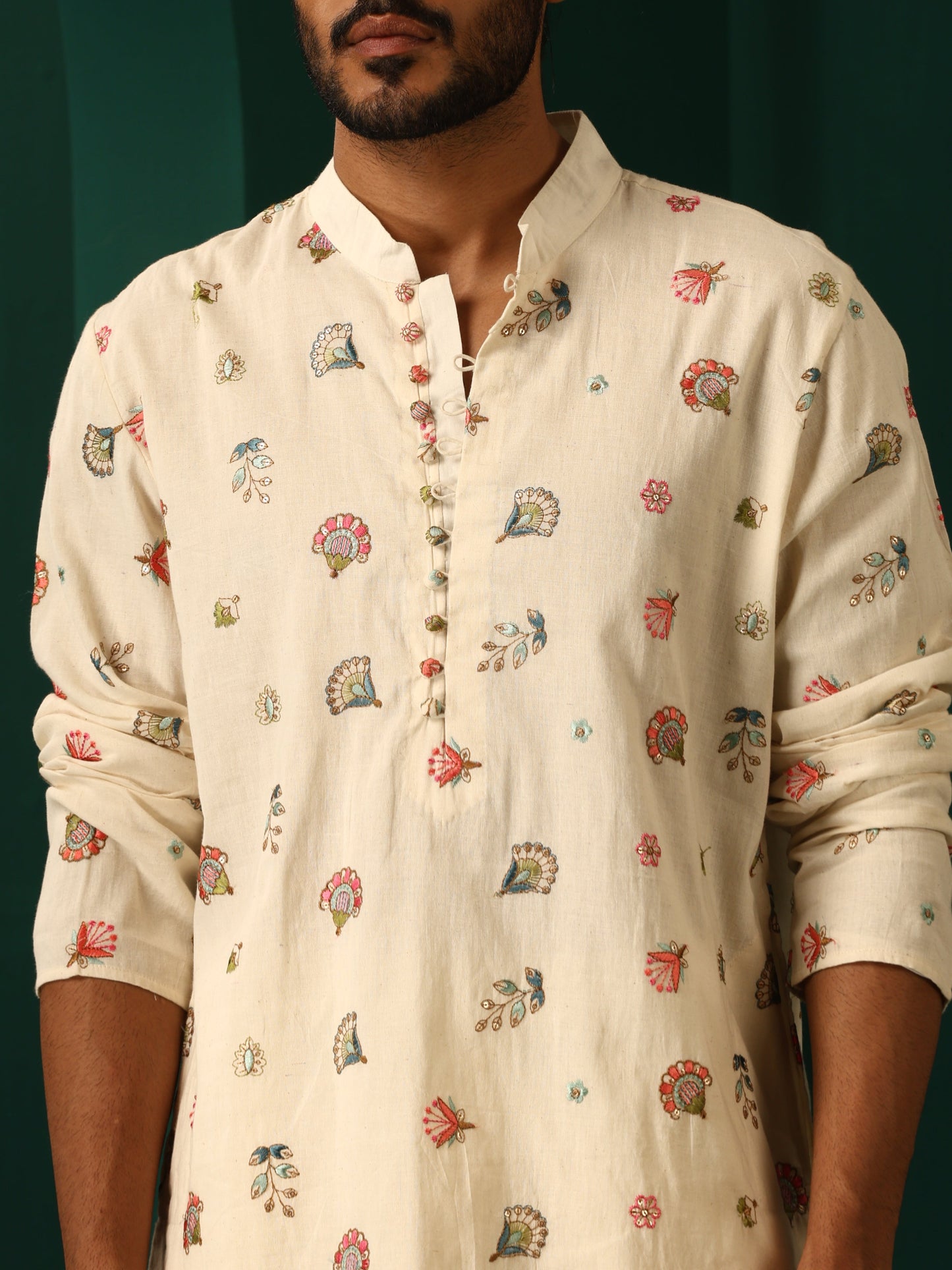 trueBrowns Men's Ivory Multi color Floral Cotton Co-ord Set - Swadesiicart