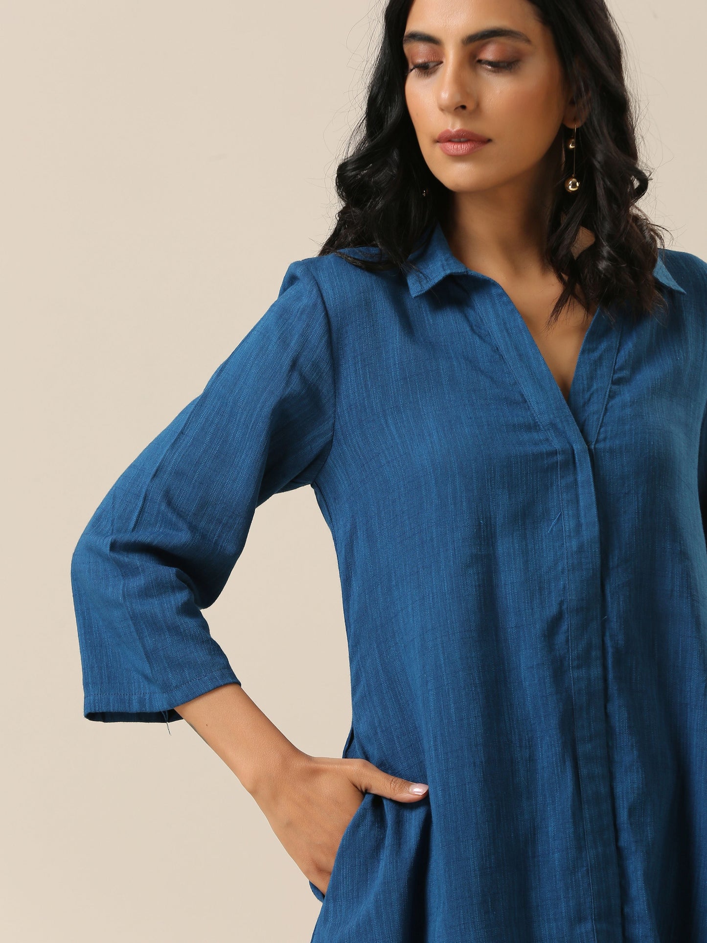 trueBrowns Classic Blue Slub Texture Collar Short Co-Ord Set - Swadesiicart