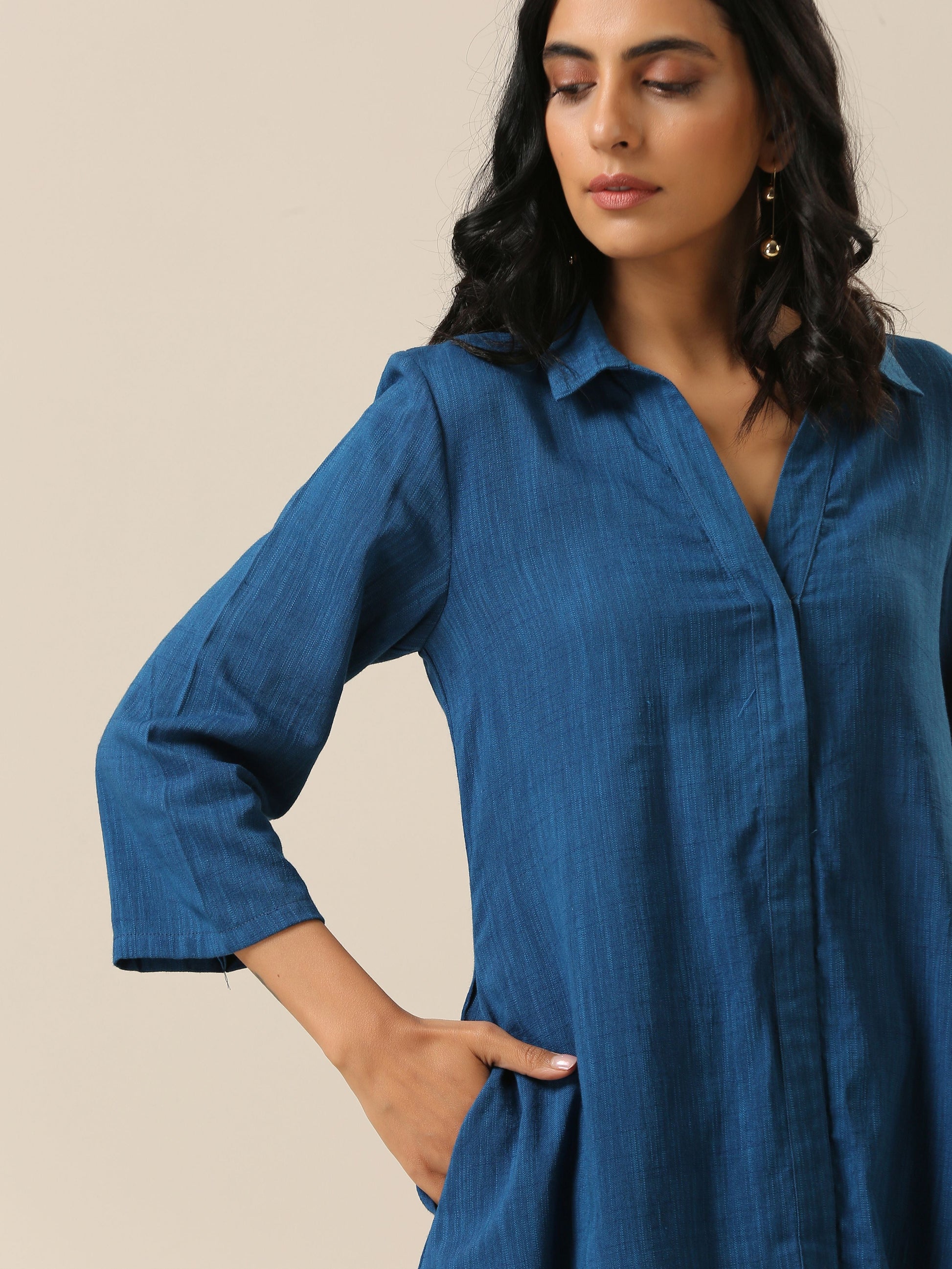 trueBrowns Classic Blue Slub Texture Collar Short Co-Ord Set - Swadesiicart