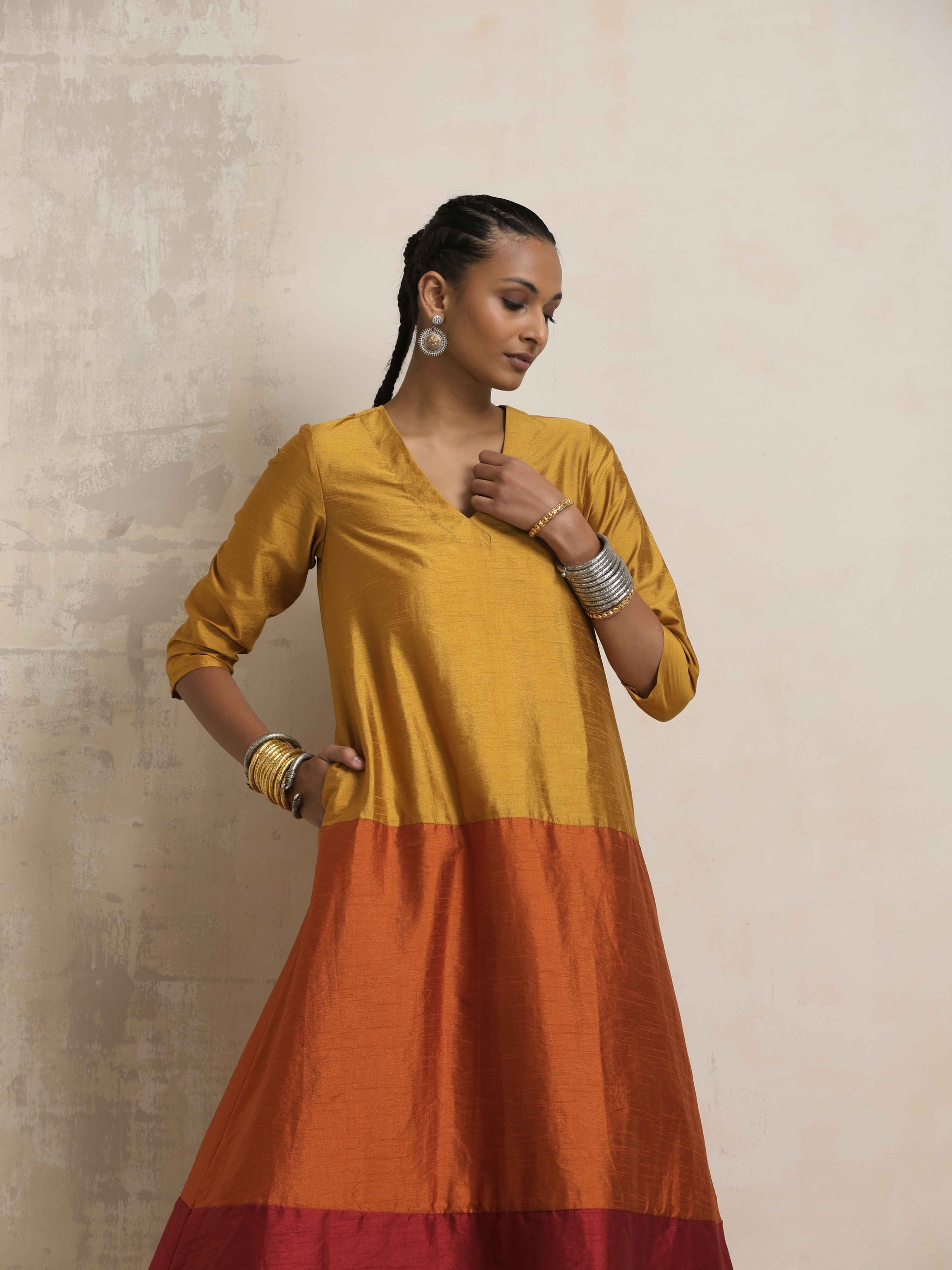 trueBrowns Gold Orange Silk A-line Kurta Set | Swadesiicart