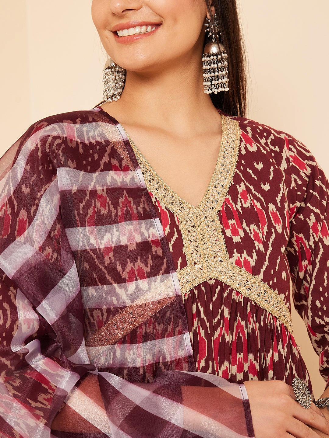 InWeave Women's Wine Ikkat Print Alia Cut Gota Work Kurta Set W Wine Leh Dup - Swadesiicart