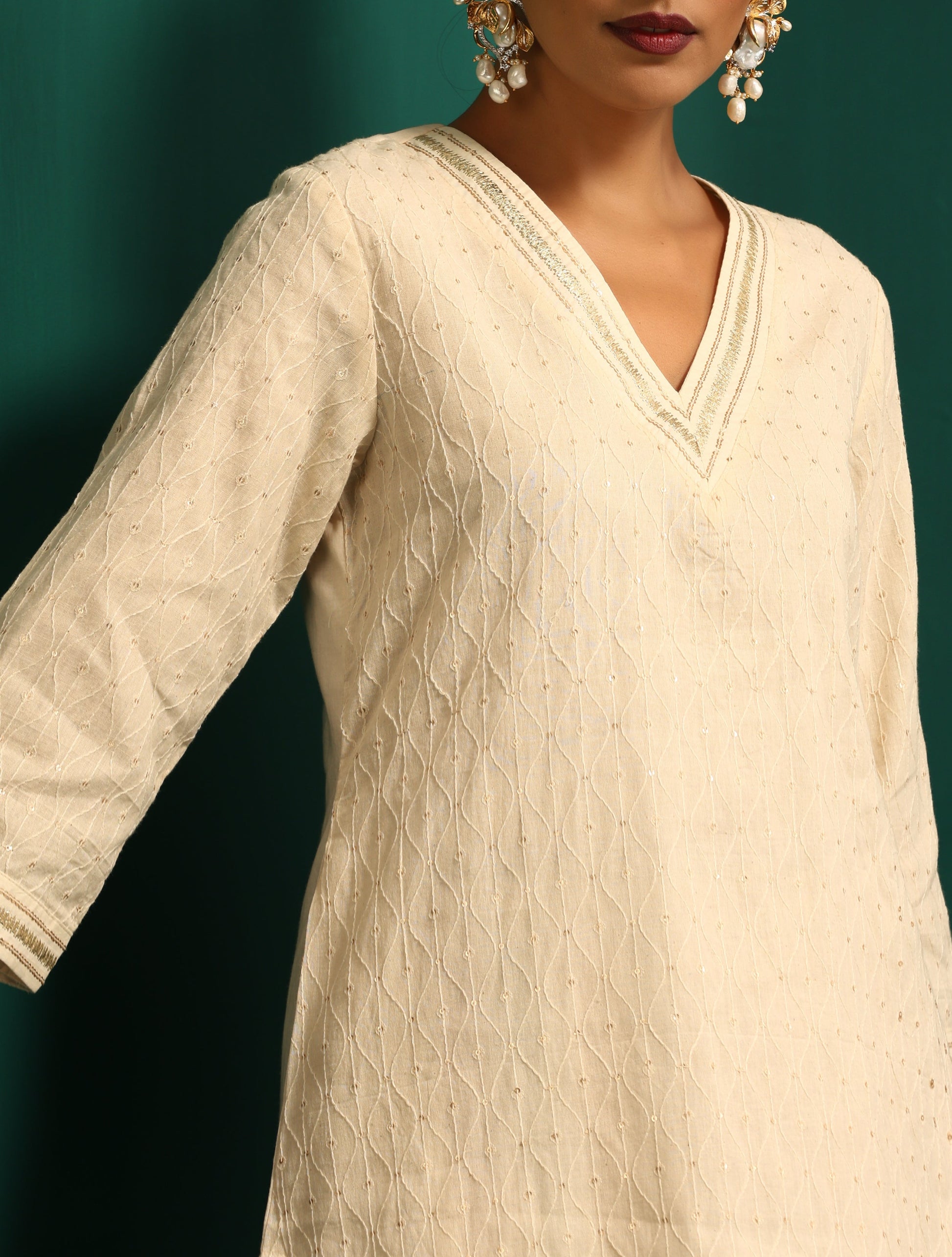 trueBrowns Ivory Tonal Cotton Kurta with Embroidered Pants | Swadesiicart