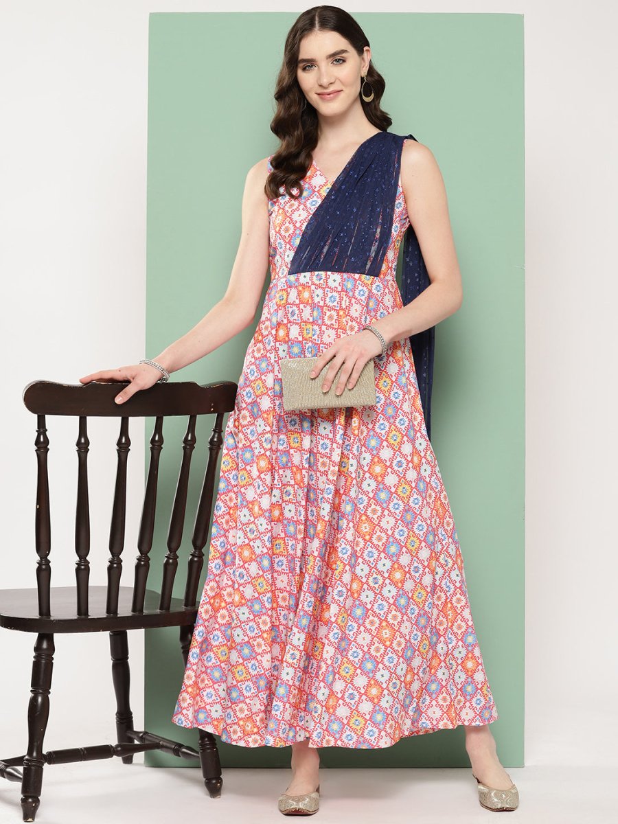 Ahalyaa Abstract Printed Empire Ethnic Dress | Swadesiicart