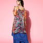 InWeave Ink Blue Strappy Set With Green Floral Long Organza Cape - Swadesiicart