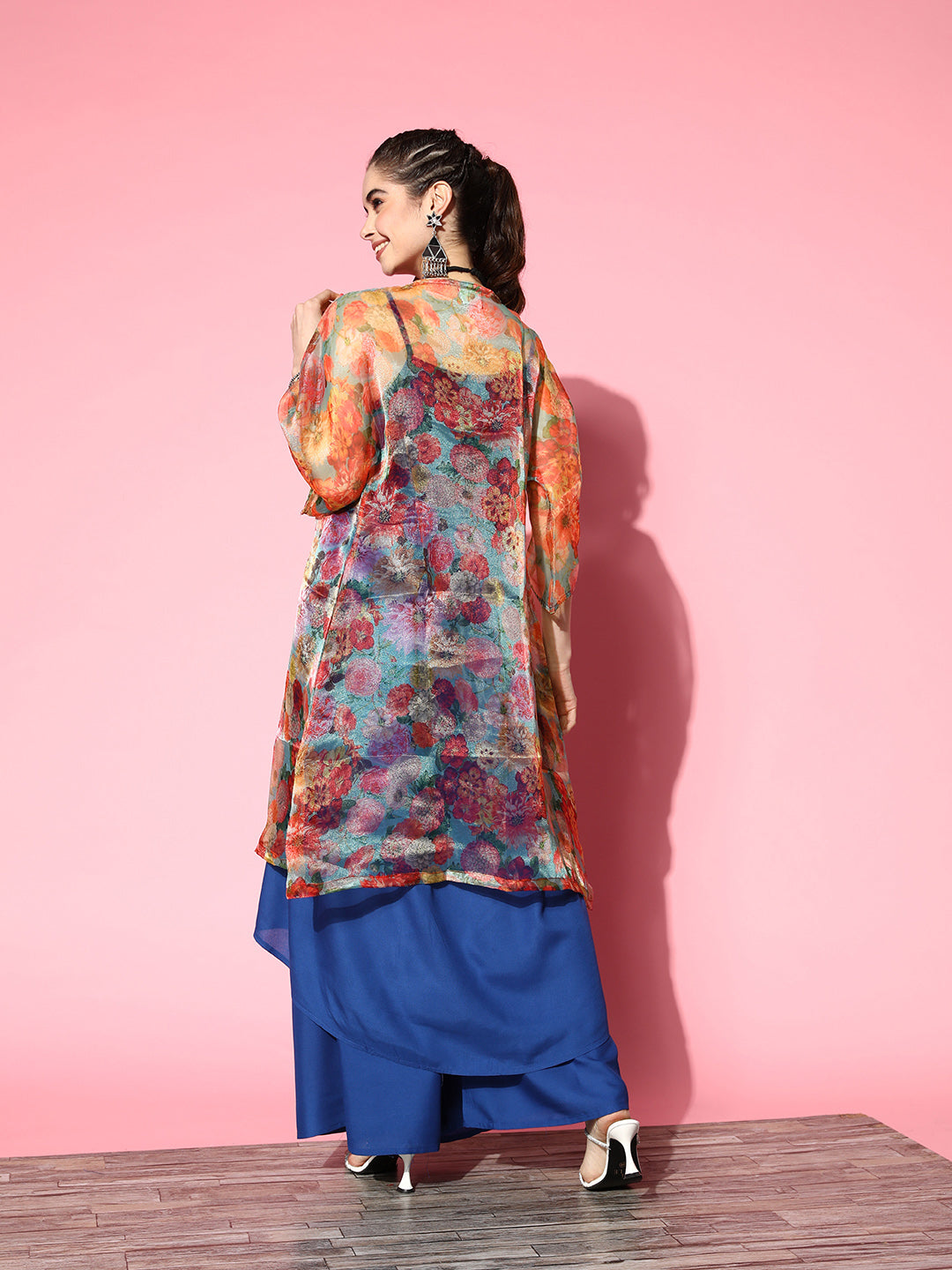 InWeave Ink Blue Strappy Set With Green Floral Long Organza Cape - Swadesiicart