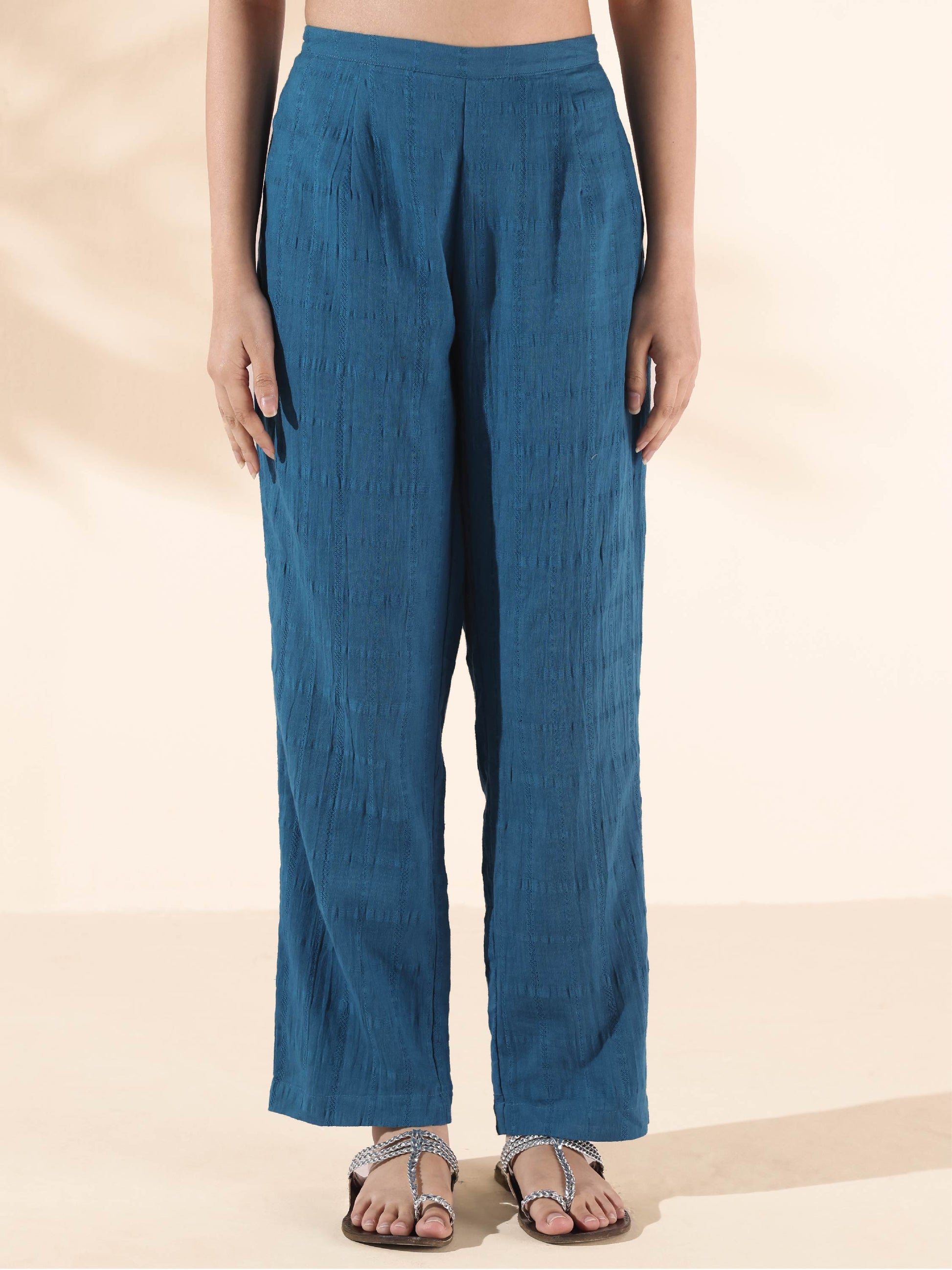 trueBrowns Blue Cotton Dobby Yoke Co-ord Set - Swadesiicart