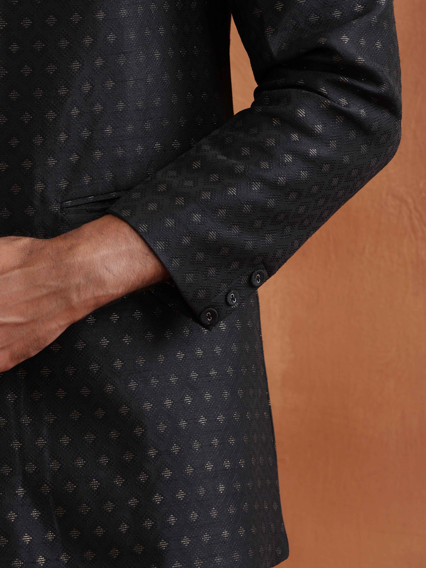 trueBrowns Men's Black Chanderi Long Jacket | Swadesiicart