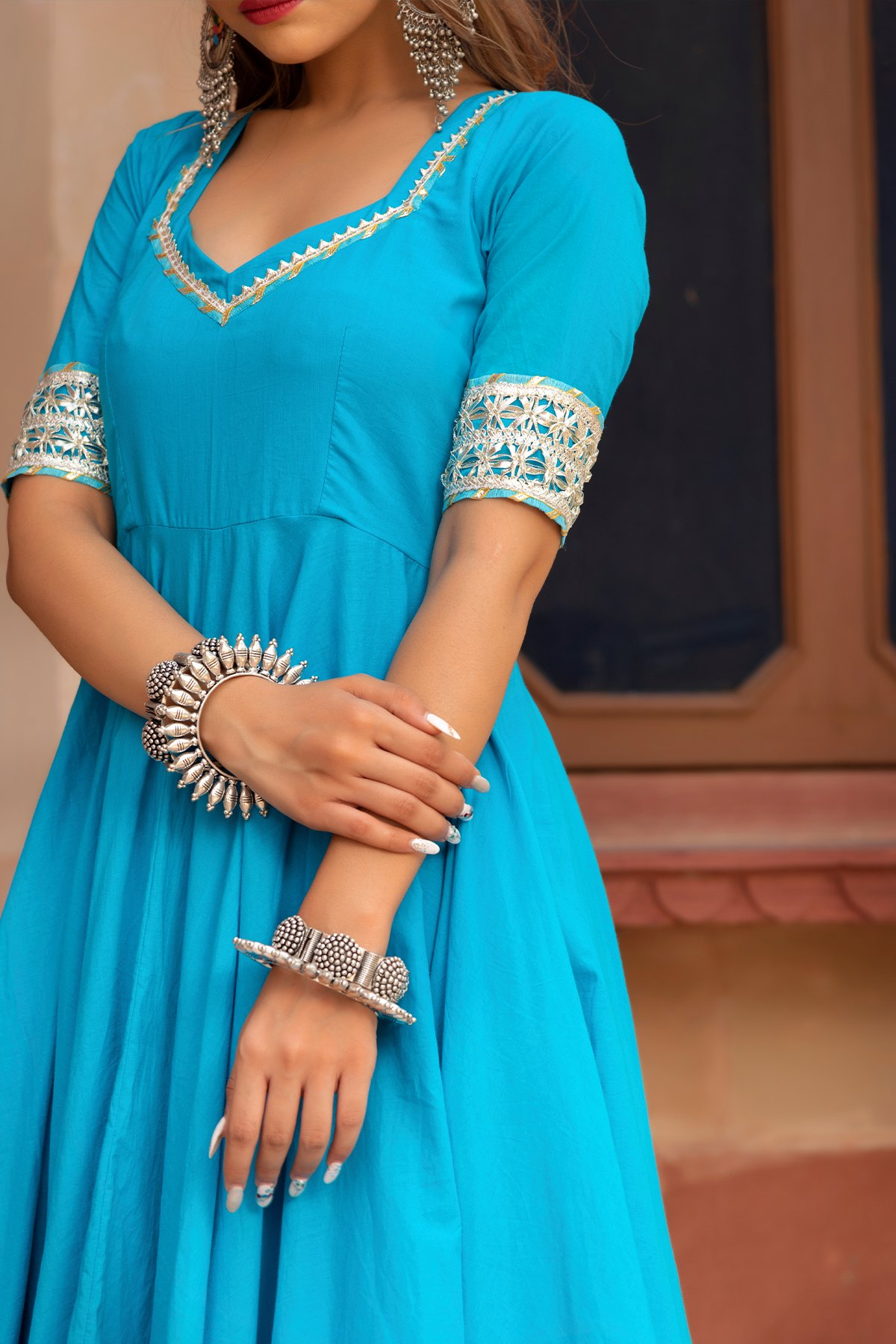 Pomcha Jaipur Kalamkari Blue Pure Cotton Anarkali Set | Swadesiicart