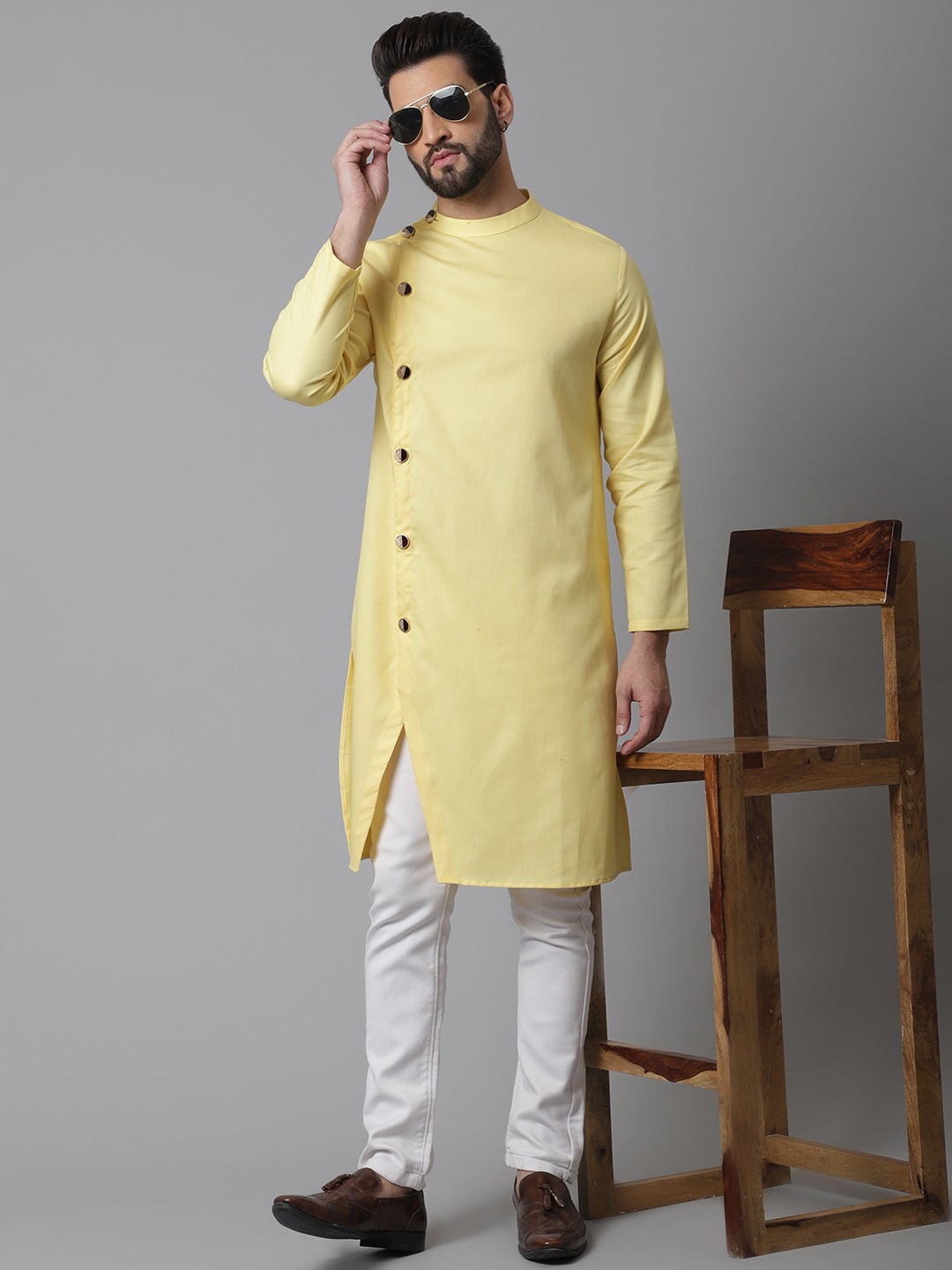 Even Apparels Yellow Sherwani Kurta With Asymetrical Cut | Swadesiicart