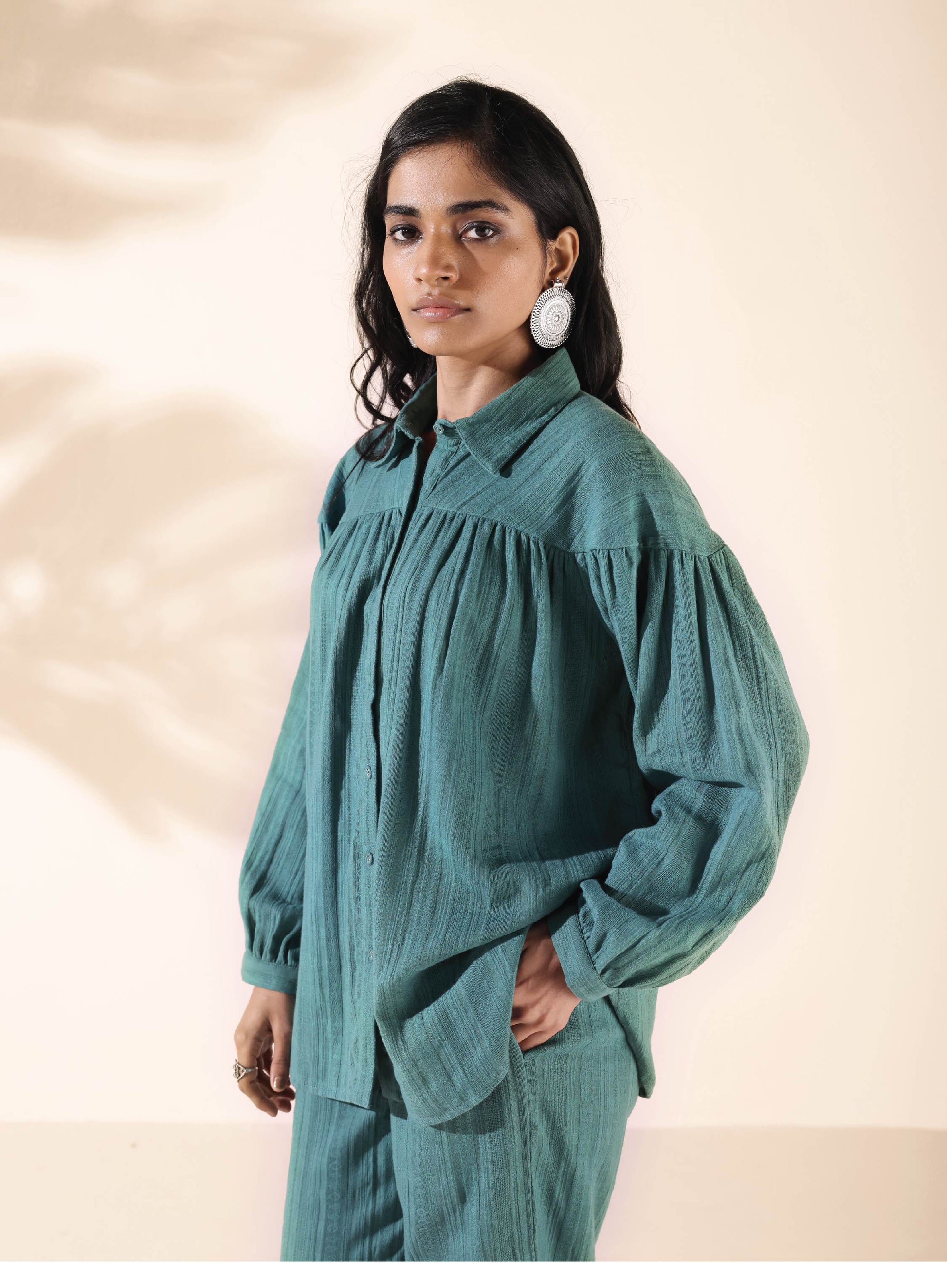 trueBrowns Turquoise Cotton Dobby Shirt Co-ord Set - Swadesiicart