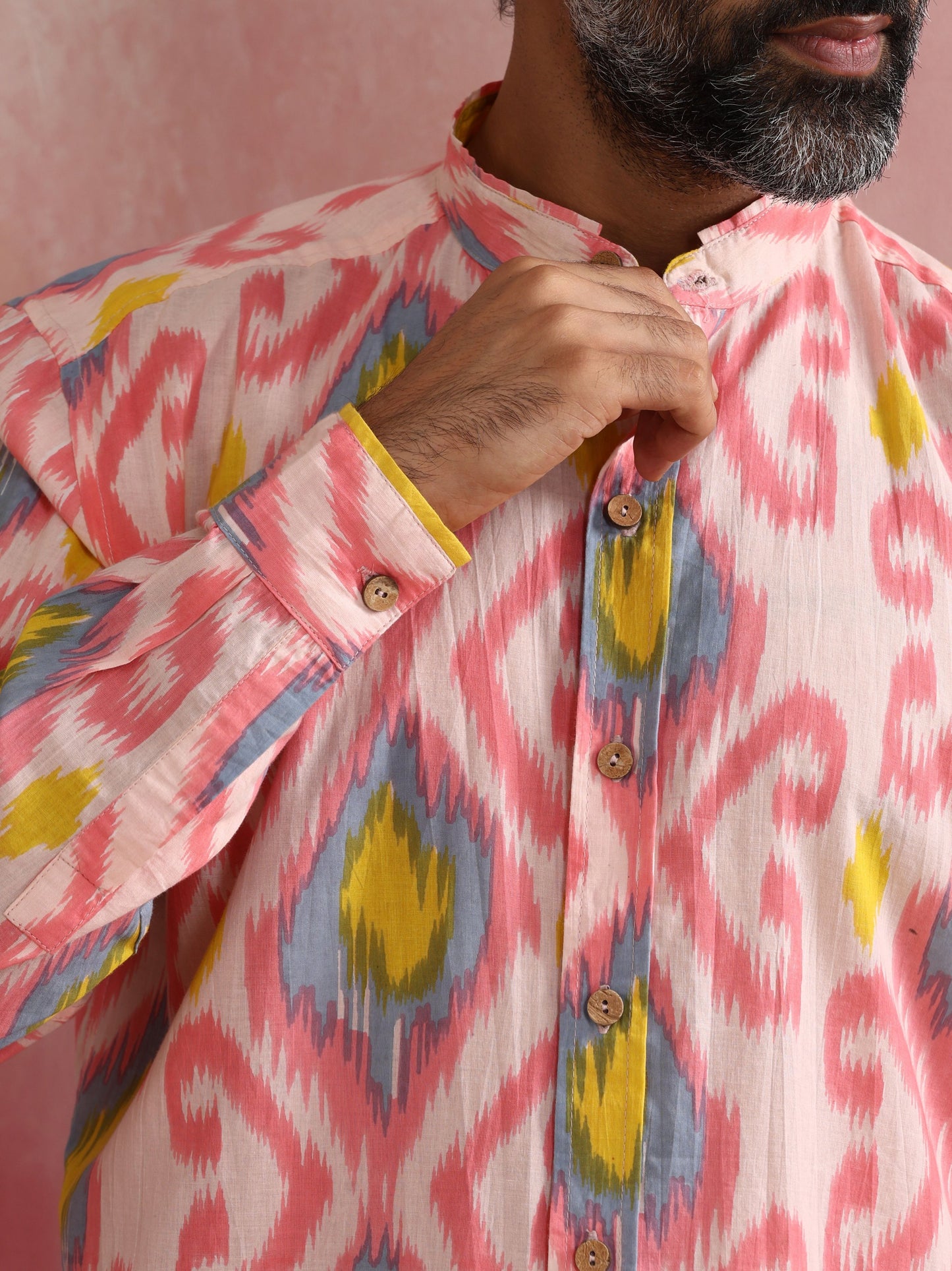 trueBrowns Men's Lime Ikat Print Cotton Shirt | Swadesiicart