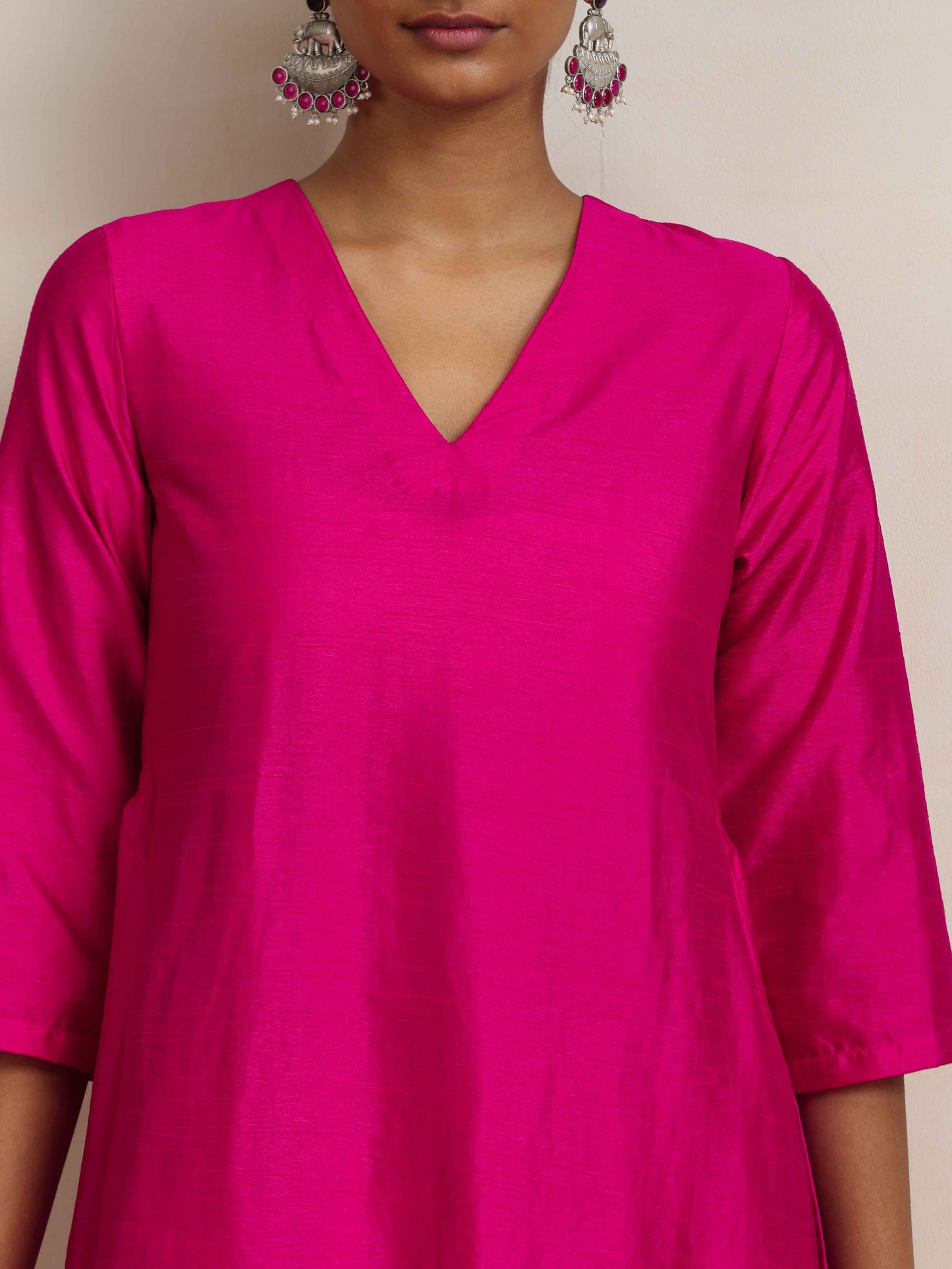 trueBrowns Pink Silk High Slit Kurta Set | Swadesiicart