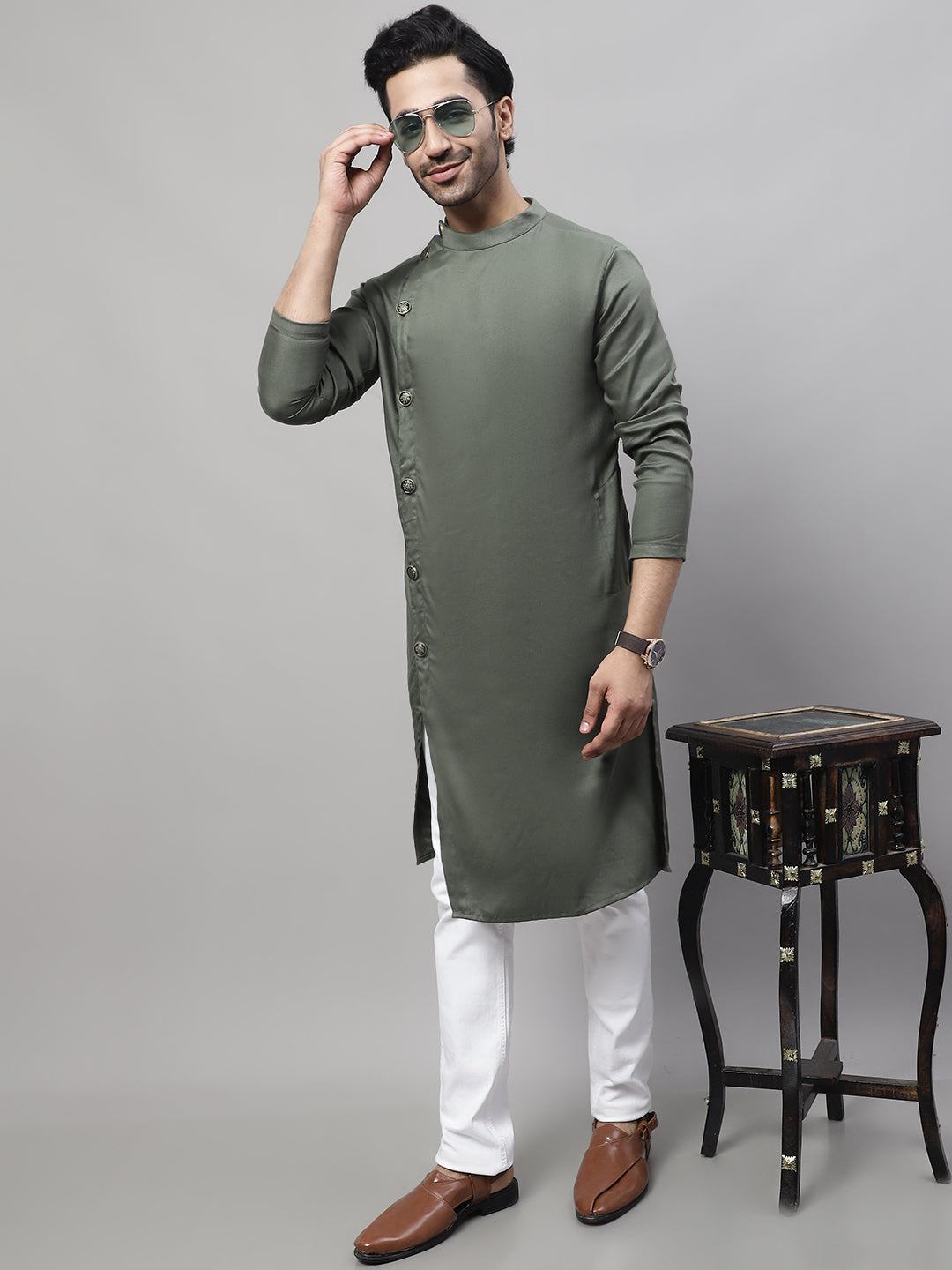 Even Apparels Green Sherwani Kurta With Asymetrical Cut | Swadesiicart