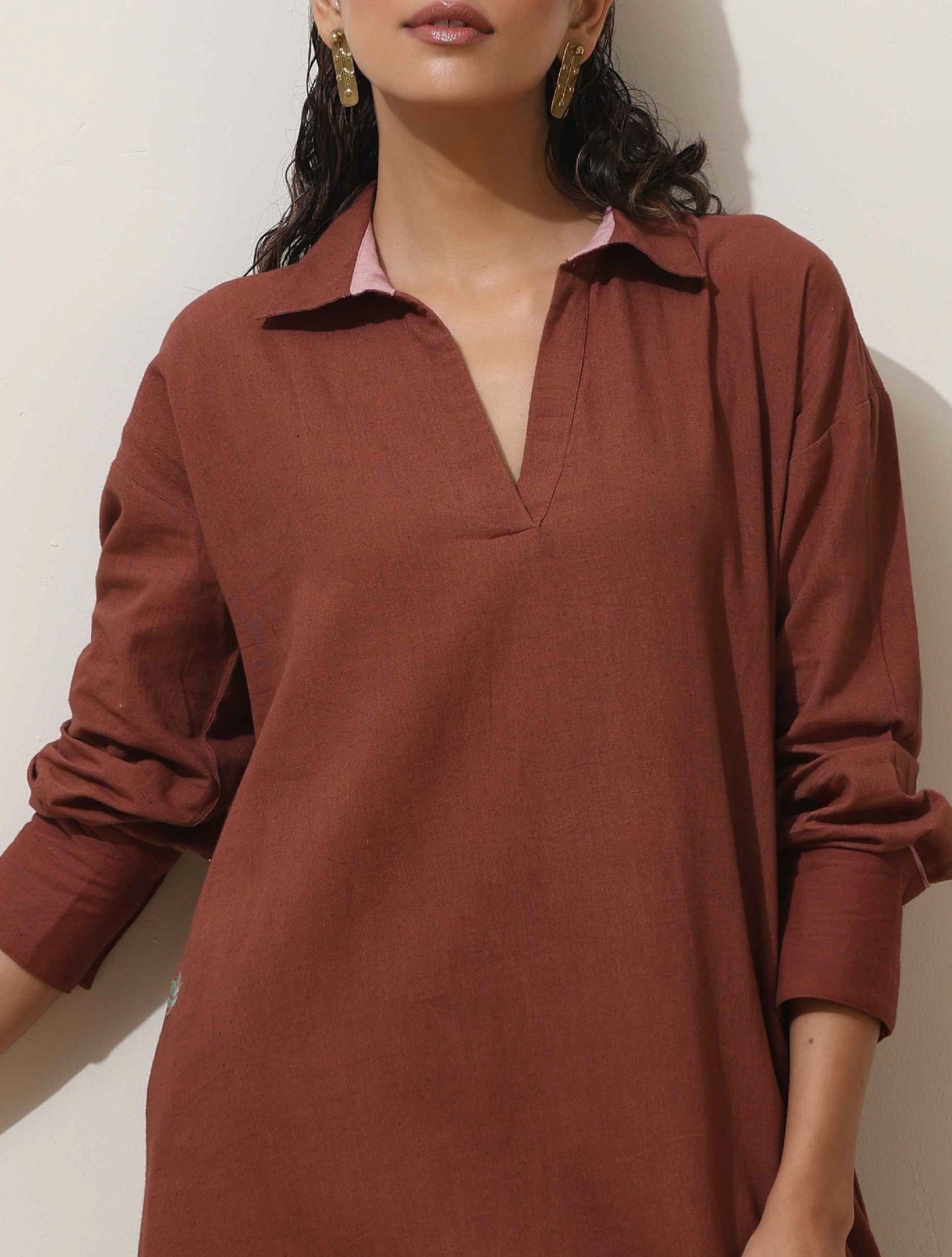 trueBrowns Brown Cotton Linen Kurta Pant Set | Swadesiicart