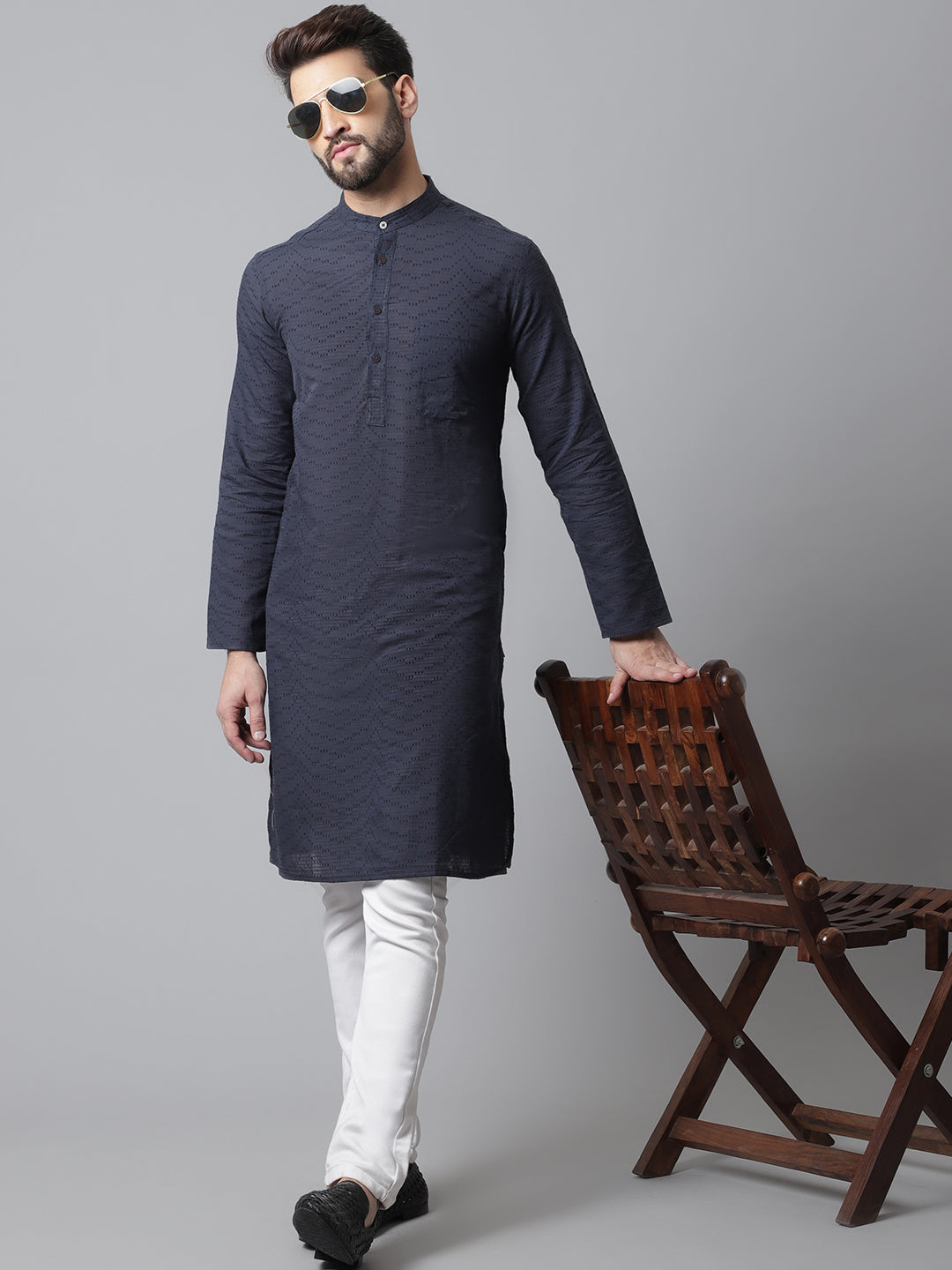 Even Apparels Blue Pure Cotton Kurta With Band Collar | Swadesiicart