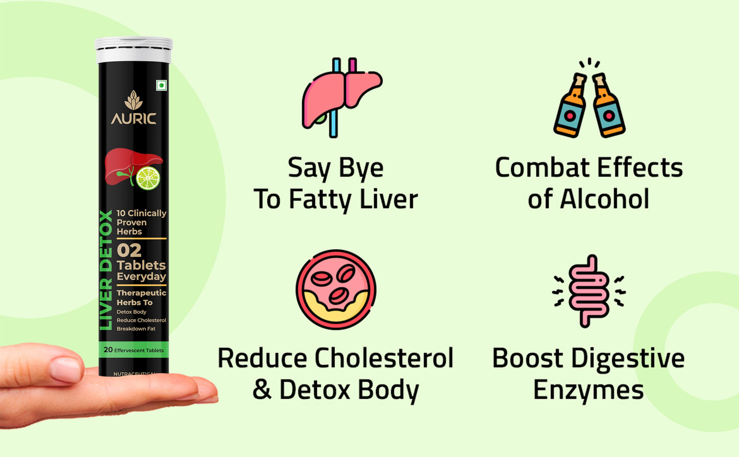 Auric Liver Detox Effervescent Tablets | Fizzy Water with 10 Ayurvedic Herbs | Clinically Researched Therapeutic Ingredients | Drop, Dissolve, Fizz, Drink - Swadesiicart