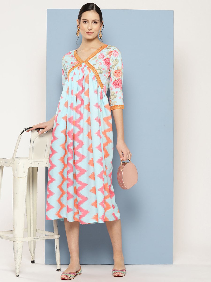 Ahalyaa Floral Printed Midi Empire Ethnic Dress | Swadesiicart