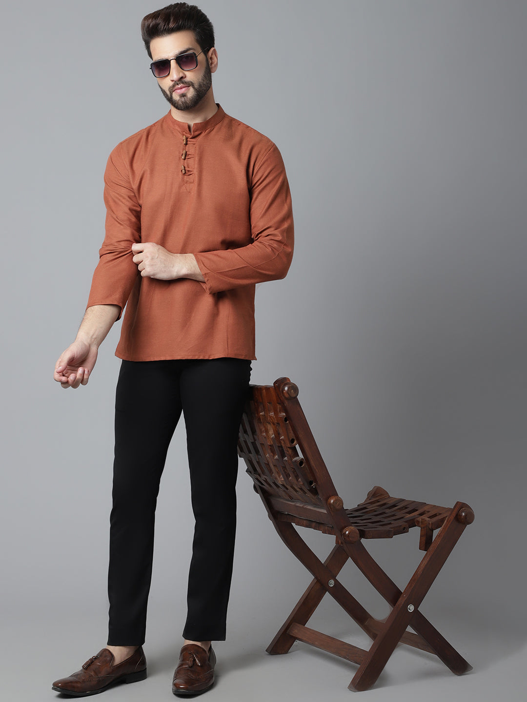 Even Apparels Rust Pure Cotton Kurta With Band Collar | Swadesiicart