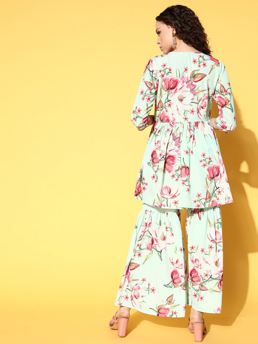 Ahalyaa Women Floral Printed Pleated Kurti with Sharara | Swadesiicart