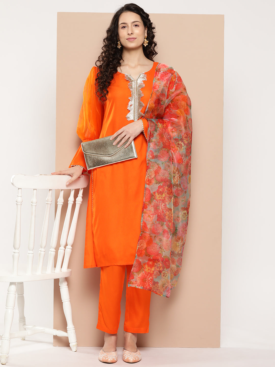 InWeave Women's Orange Organza Sleeve Kurta Set W Green Or Dupatta - Swadesiicart