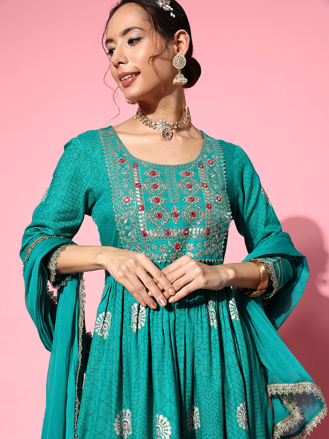 InWeave Women's Teal Nyra Cut Embroidered Kurta Set With Dupatta - Swadesiicart