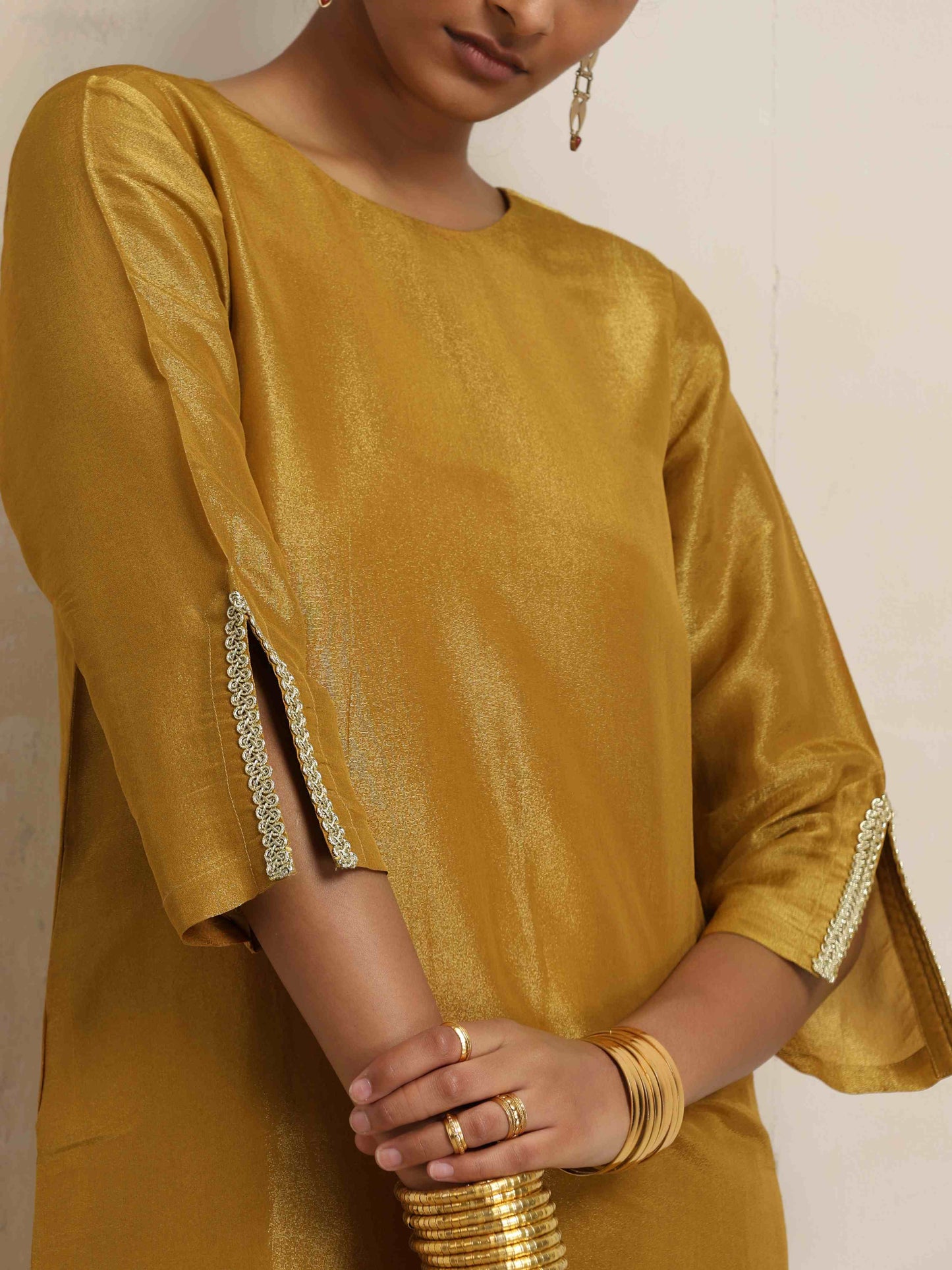 trueBrowns Gold Tissue Kurta Co-ord Set - Swadesiicart