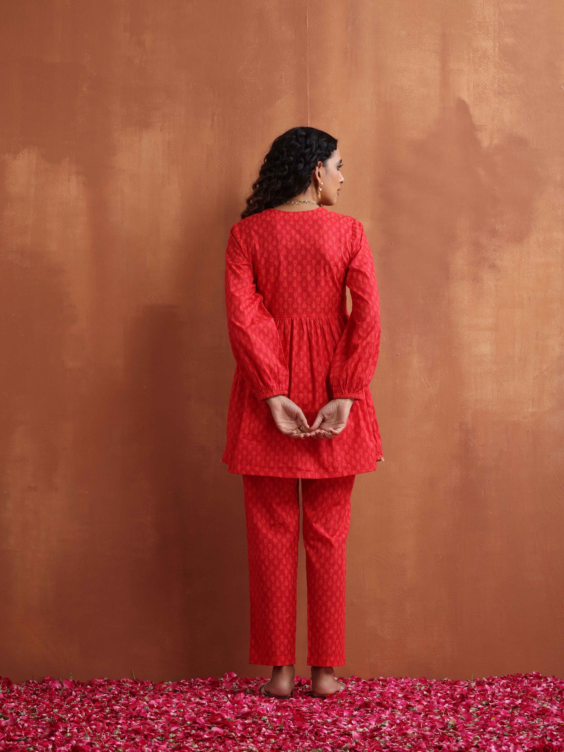 trueBrowns Red Print Angrakha Co-ord Set - Swadesiicart